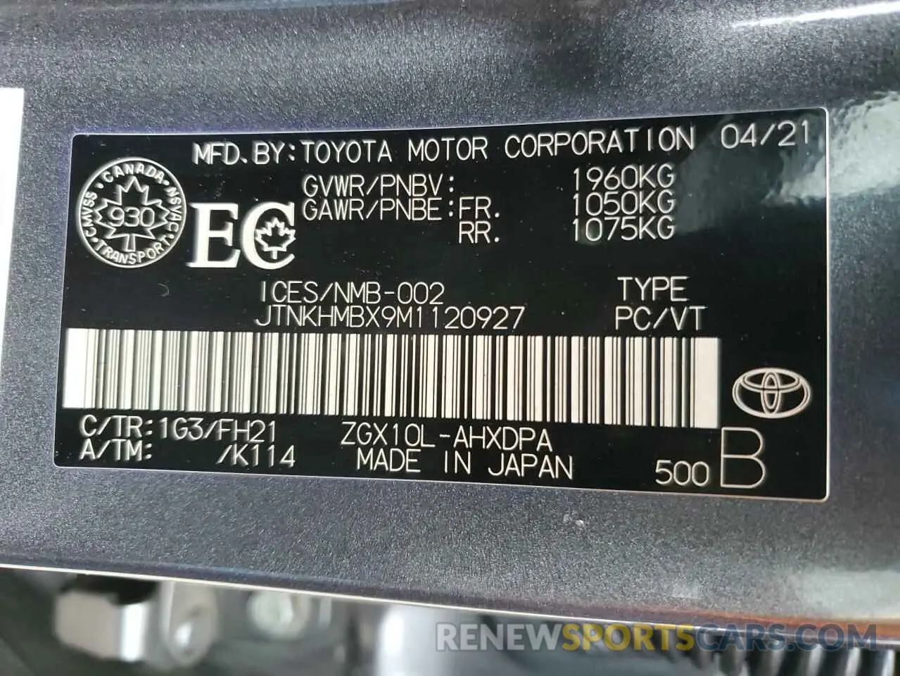 12 fotografías del automóvil dañado JTNKHMBX9M1120927 TOYOTA C-HR 2021