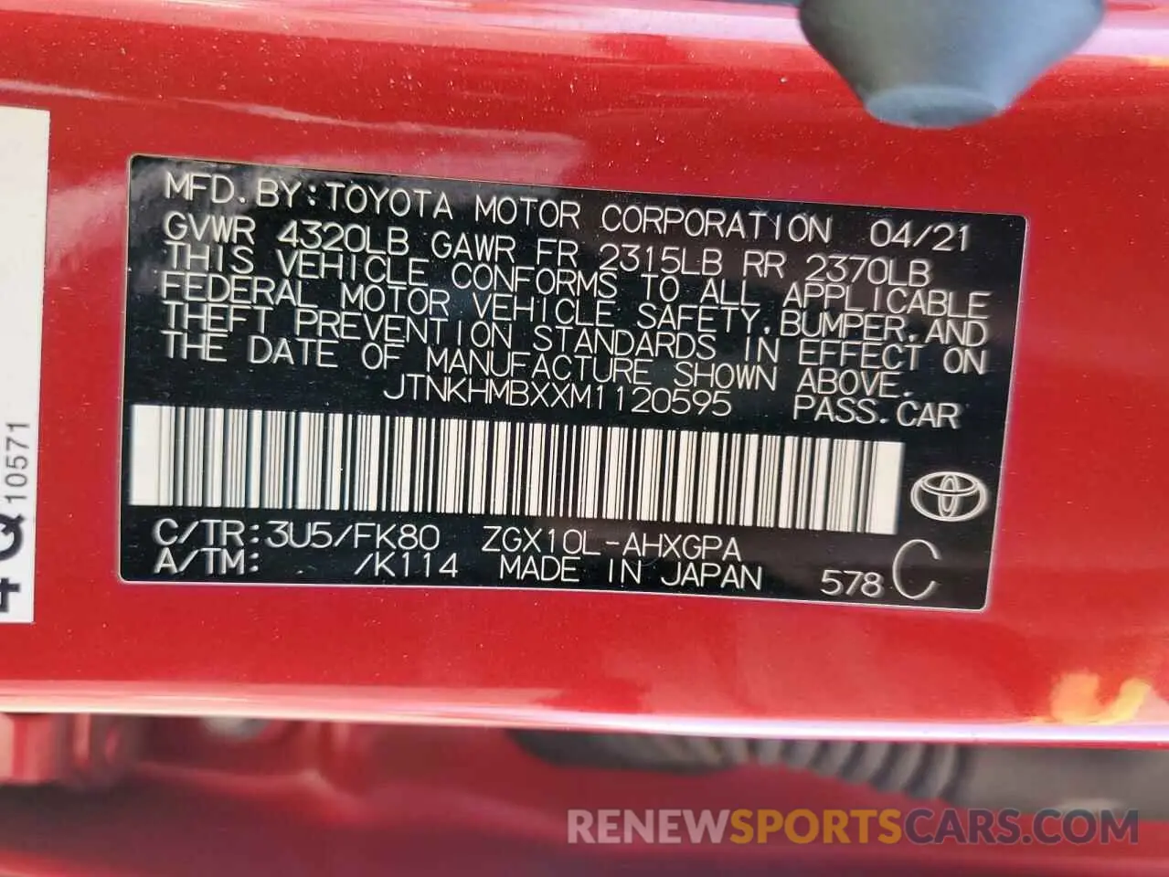 14 fotografías del automóvil dañado JTNKHMBXXM1120595 TOYOTA C-HR 2021