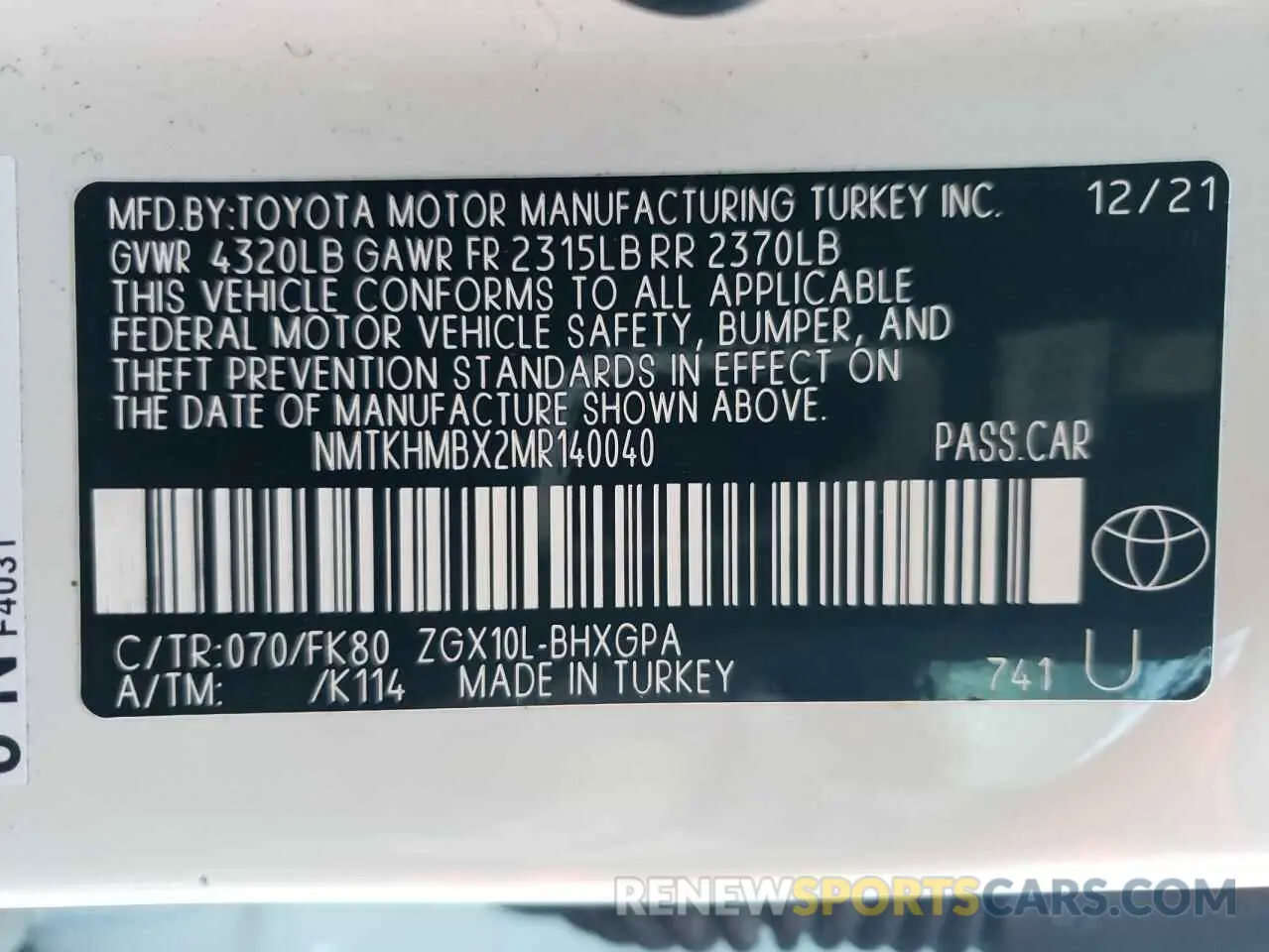 14 fotografías del automóvil dañado NMTKHMBX2MR140040 TOYOTA C-HR 2021