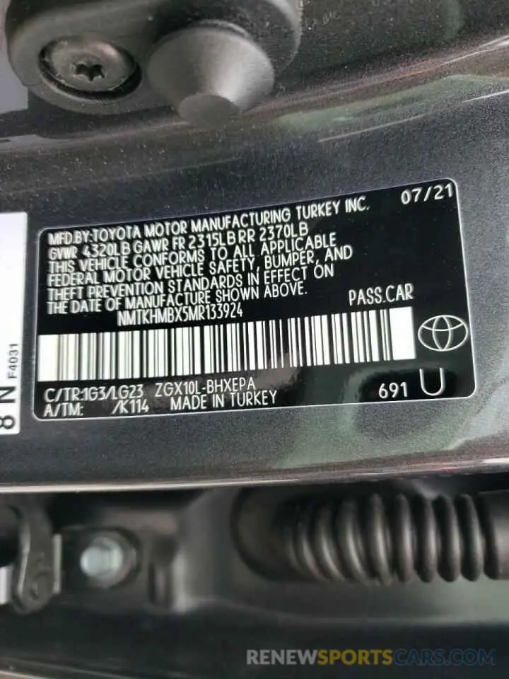 10 fotografías del automóvil dañado NMTKHMBX5MR133924 TOYOTA C-HR 2021