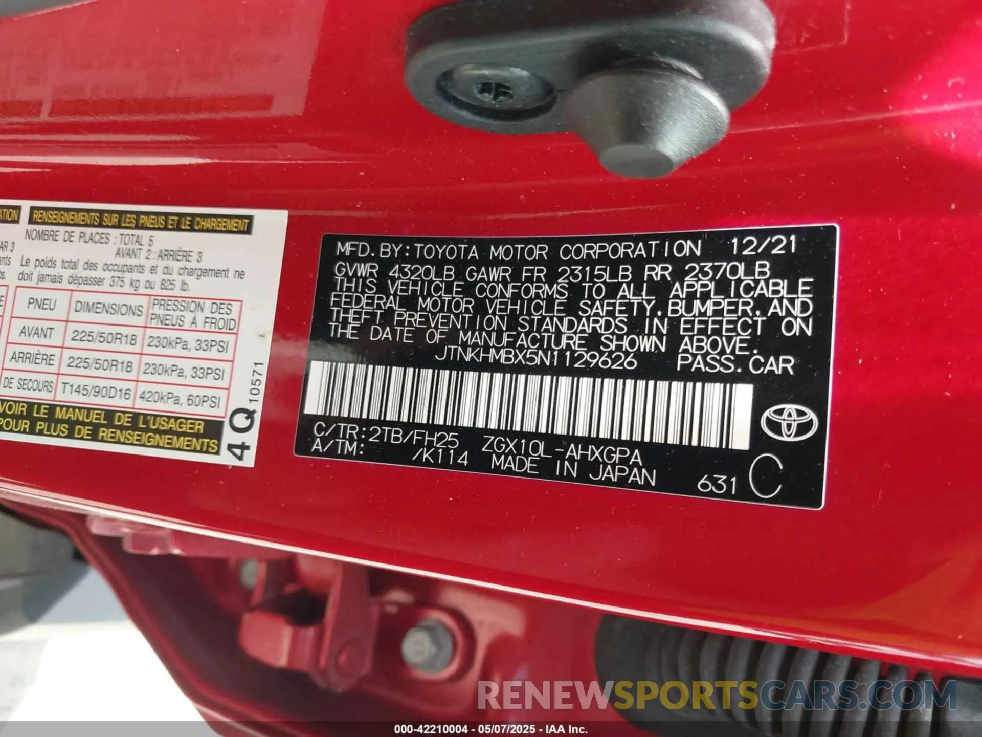 9 fotografías del automóvil dañado JTNKHMBX5N1129626 TOYOTA C-HR 2022