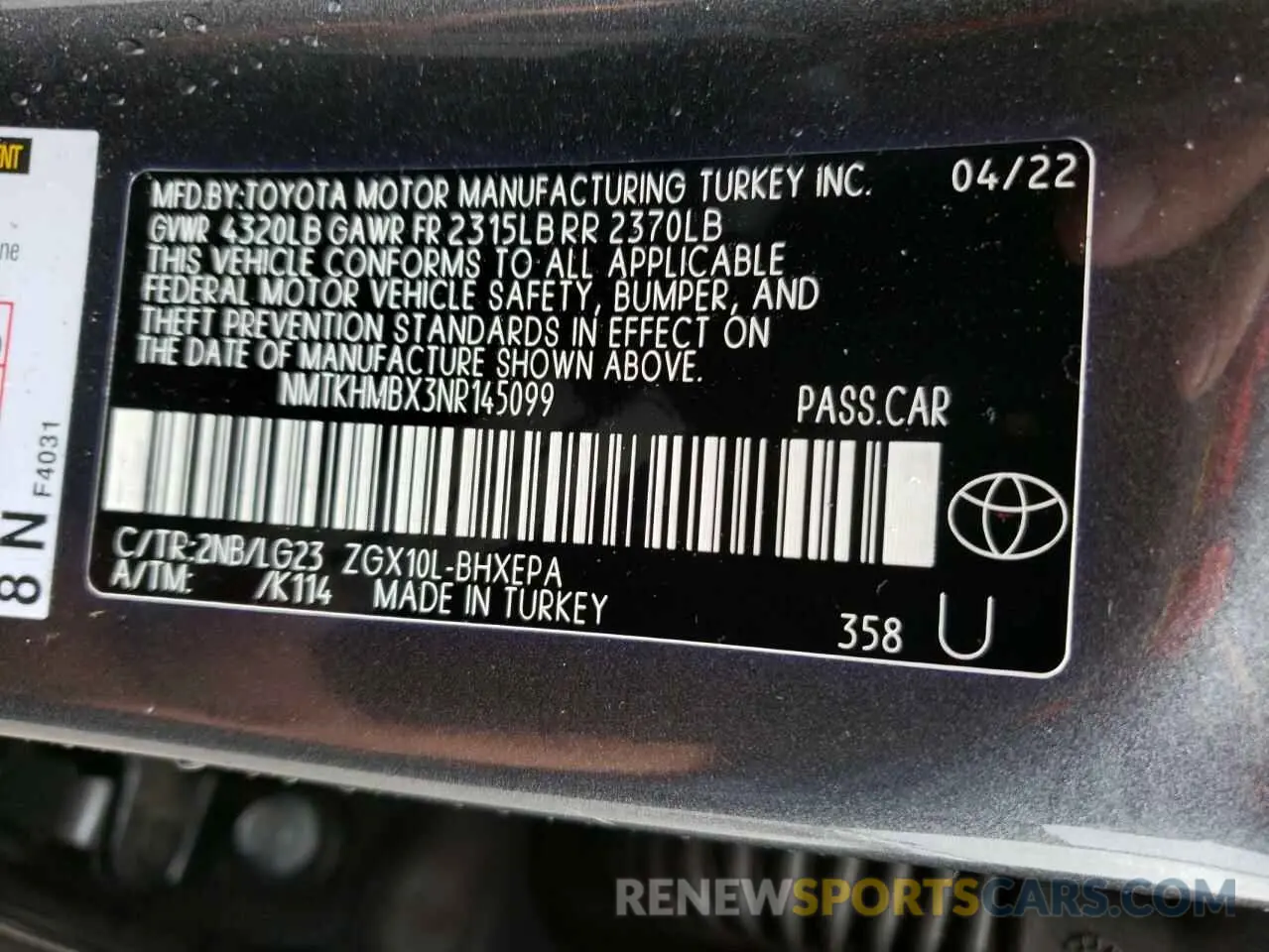 14 fotografías del automóvil dañado NMTKHMBX3NR145099 TOYOTA C-HR 2022