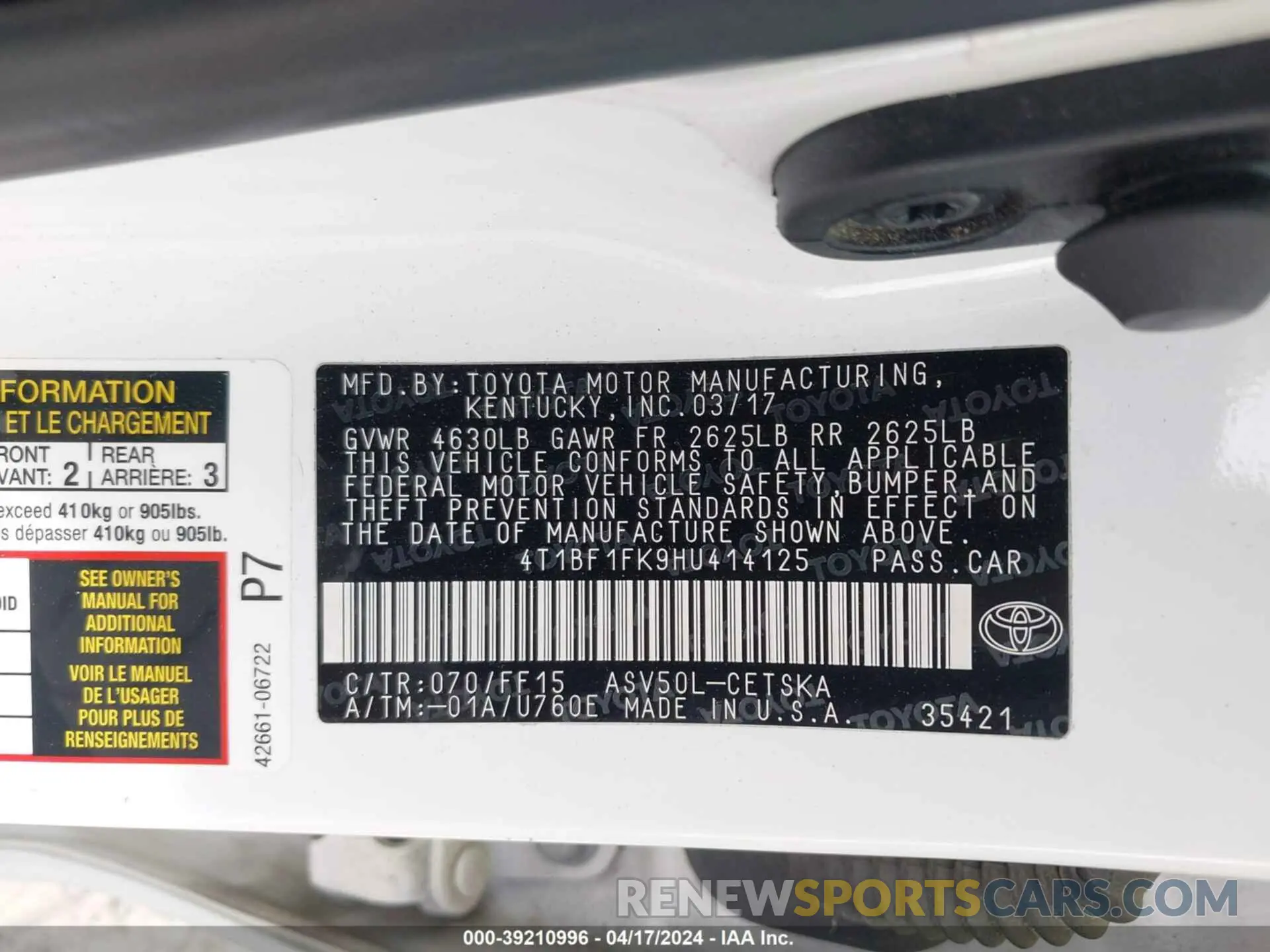 9 fotografías del automóvil dañado 4T1BF1FK9HU414125 TOYOTA CAMRY 2017