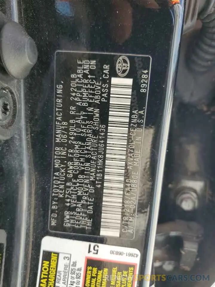 12 fotografías del automóvil dañado 4T1B11HK8JU641436 TOYOTA CAMRY 2018