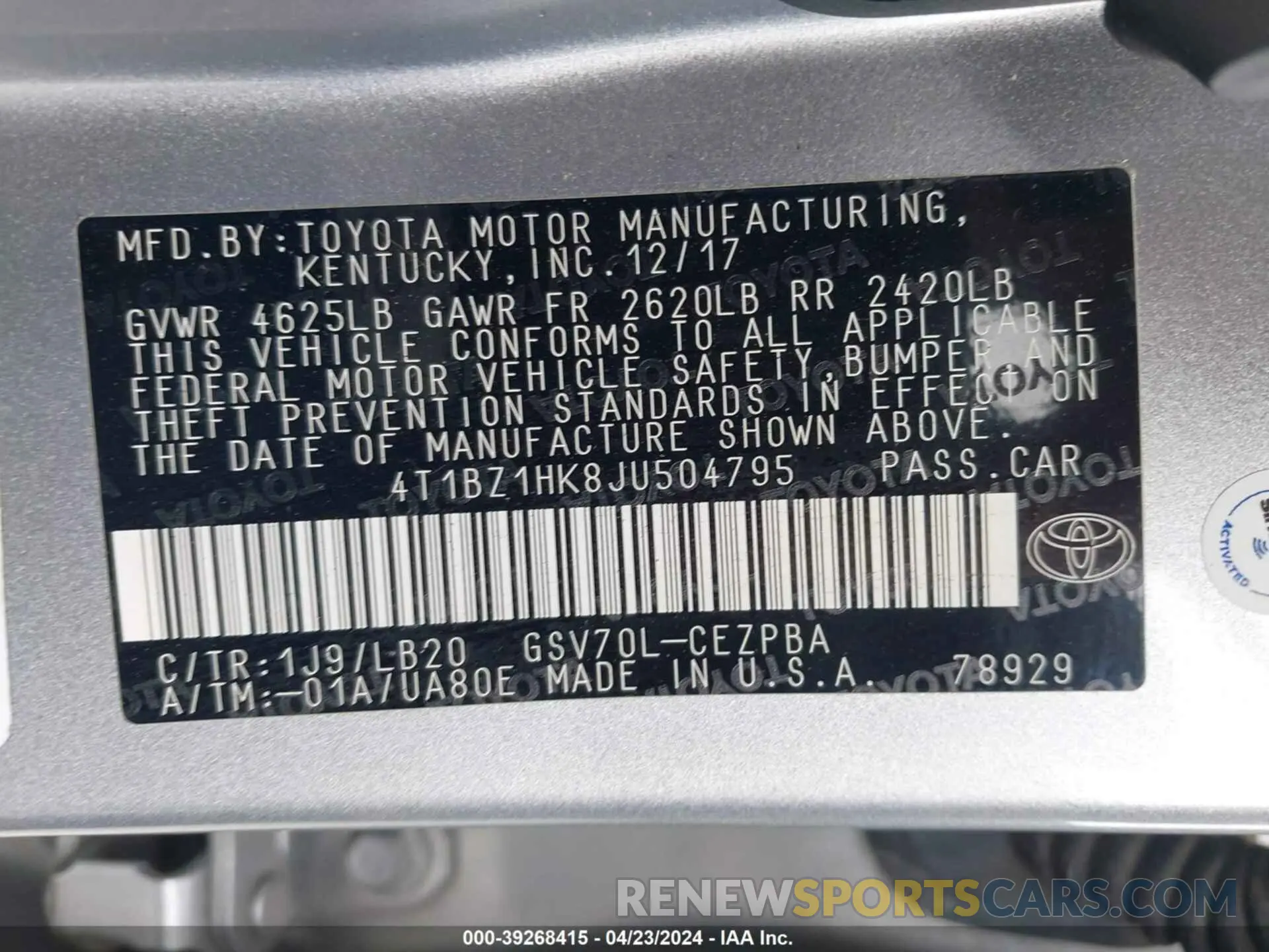 9 fotografías del automóvil dañado 4T1BZ1HK8JU504795 TOYOTA CAMRY 2018