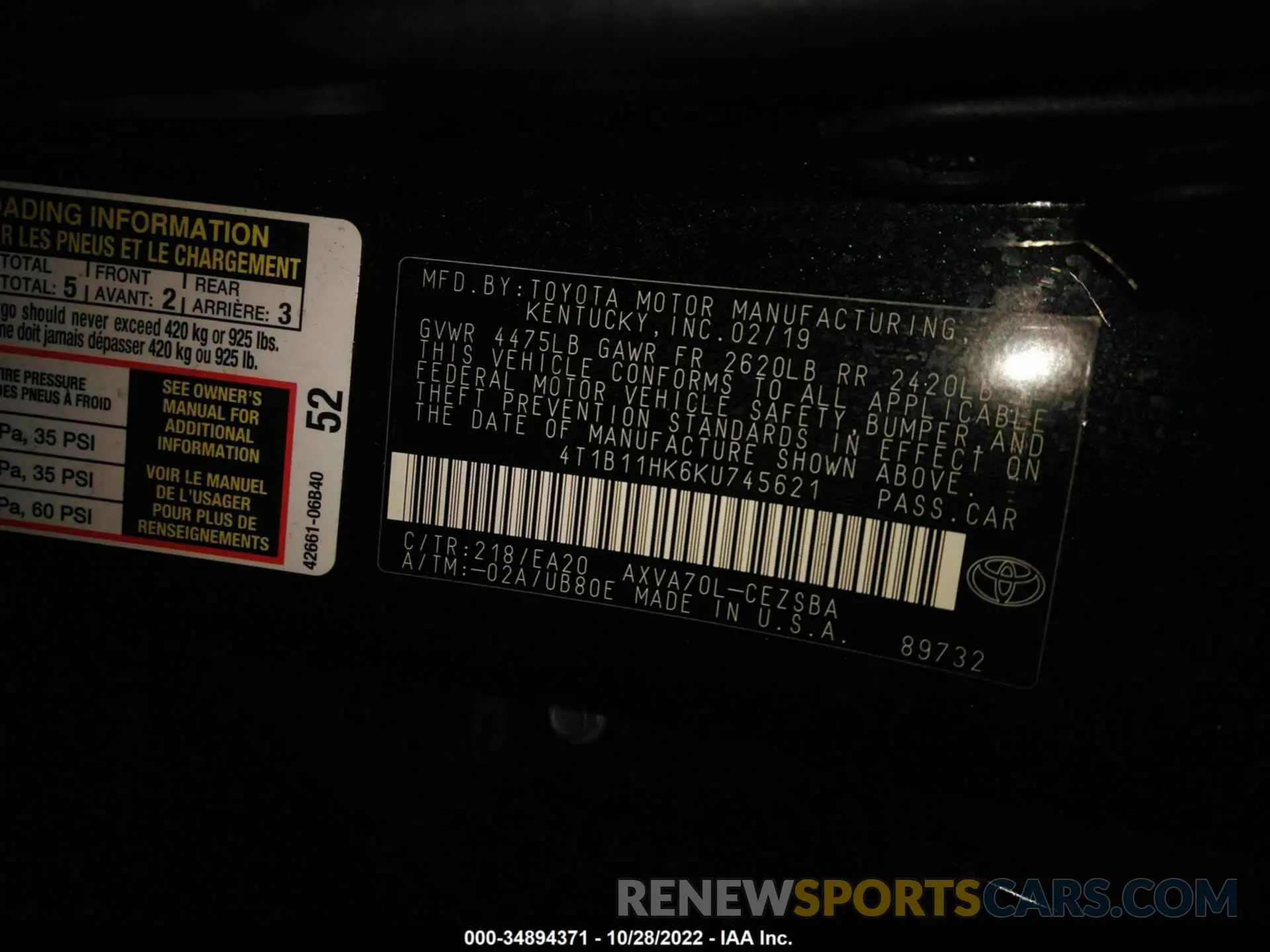 9 fotografías del automóvil dañado 001B11HK6KU745621 TOYOTA CAMRY 2019