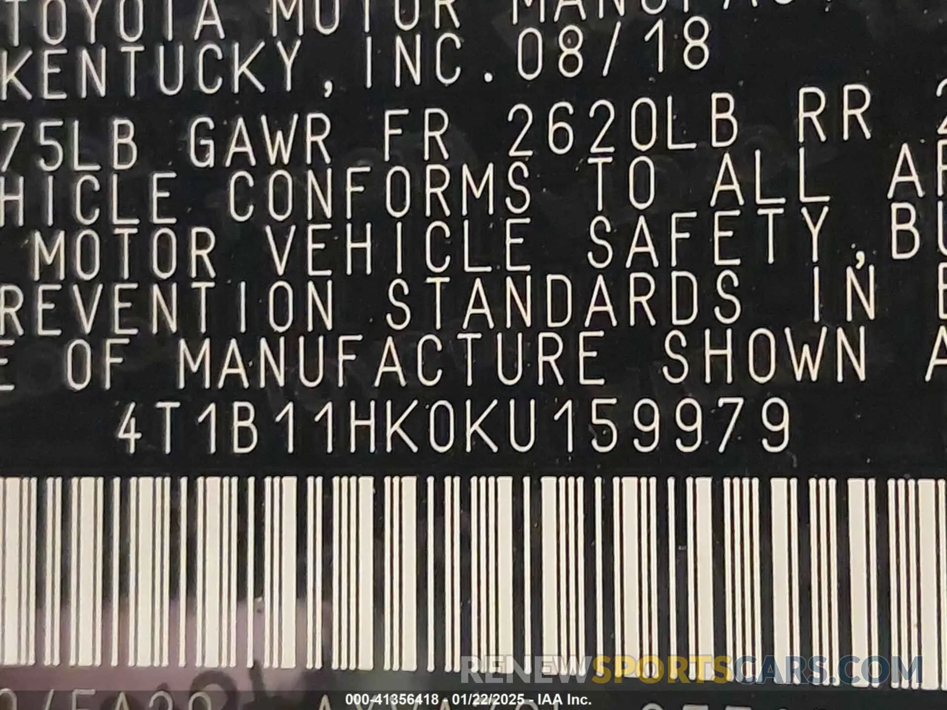 9 fotografías del automóvil dañado 4T1B11HK0KU159979 TOYOTA CAMRY 2019