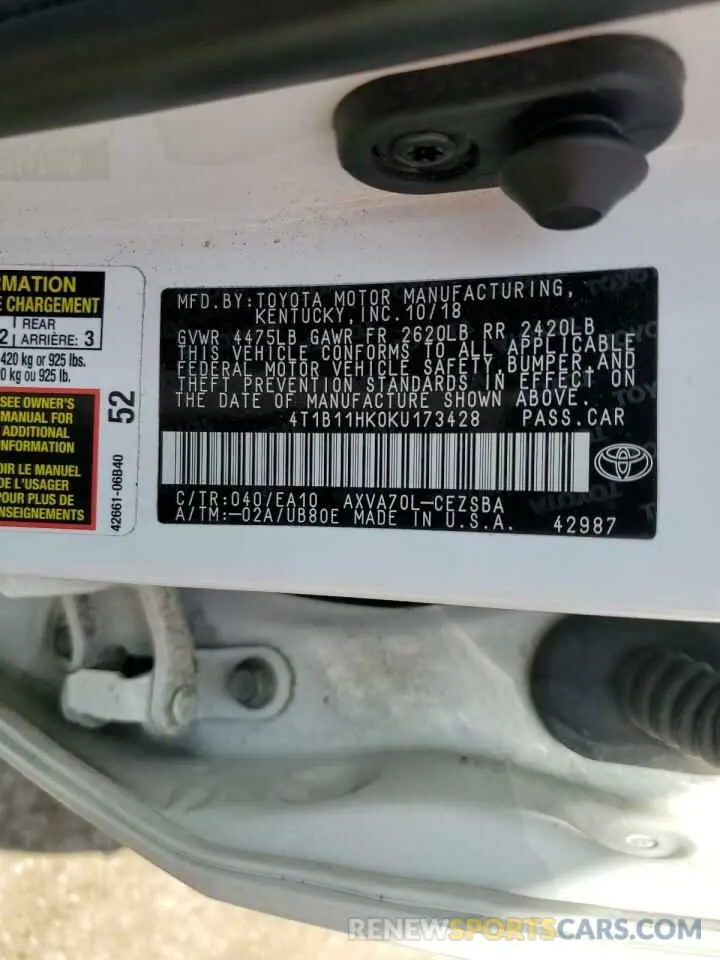 14 fotografías del automóvil dañado 4T1B11HK0KU173428 TOYOTA CAMRY 2019
