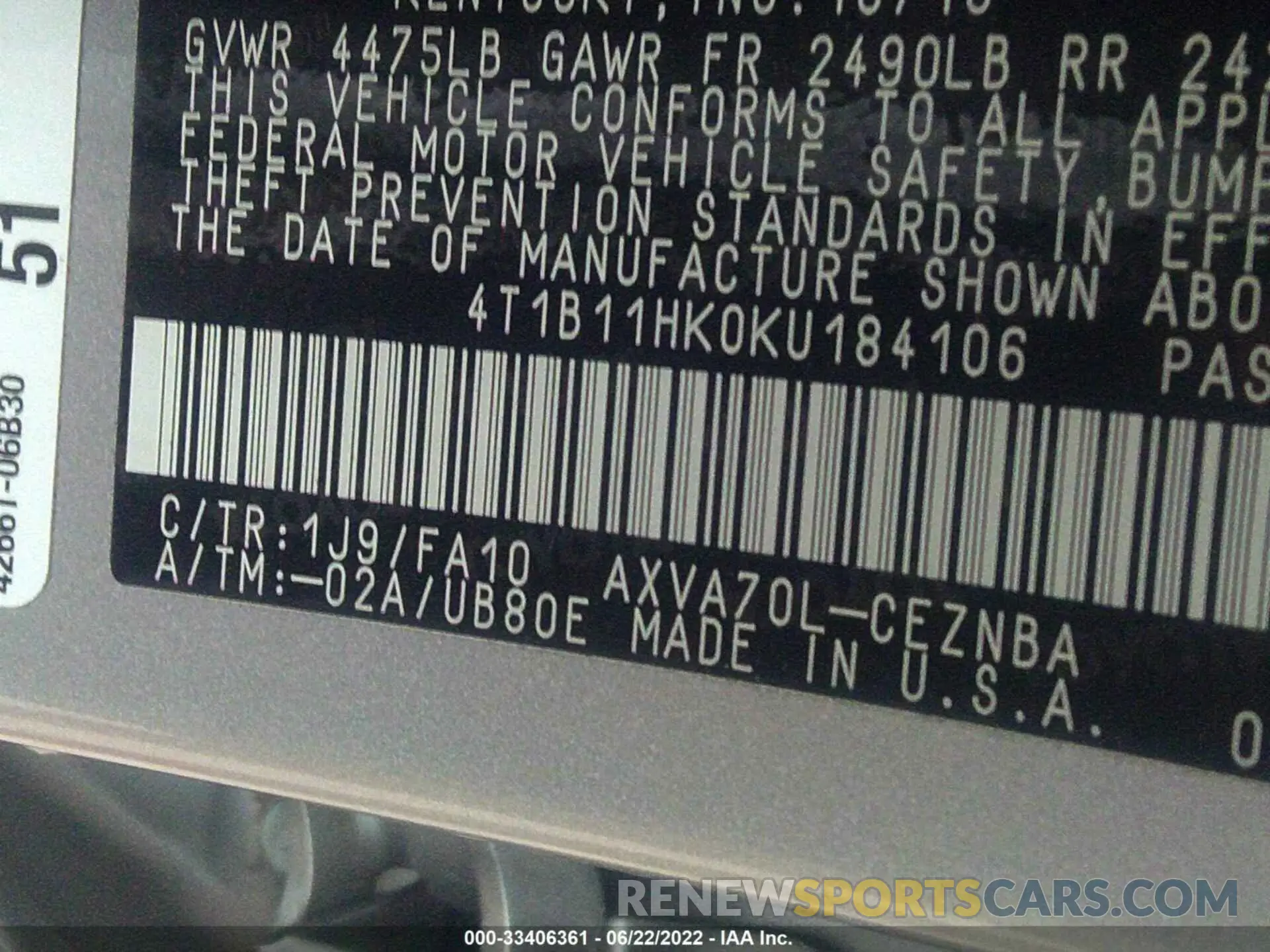9 fotografías del automóvil dañado 4T1B11HK0KU184106 TOYOTA CAMRY 2019