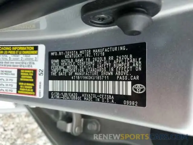 13 fotografías del automóvil dañado 4T1B11HK0KU185711 TOYOTA CAMRY 2019