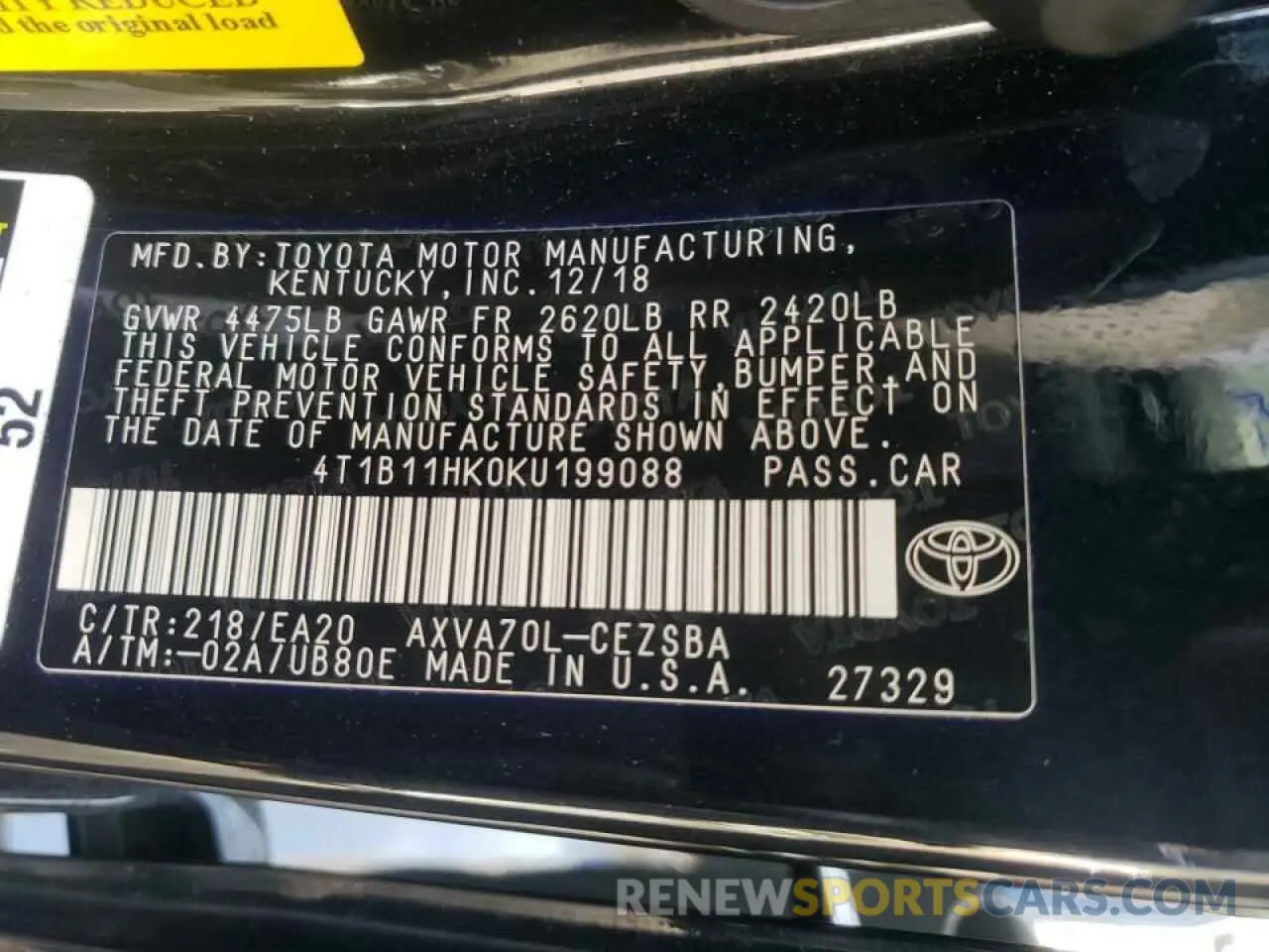 10 fotografías del automóvil dañado 4T1B11HK0KU199088 TOYOTA CAMRY 2019