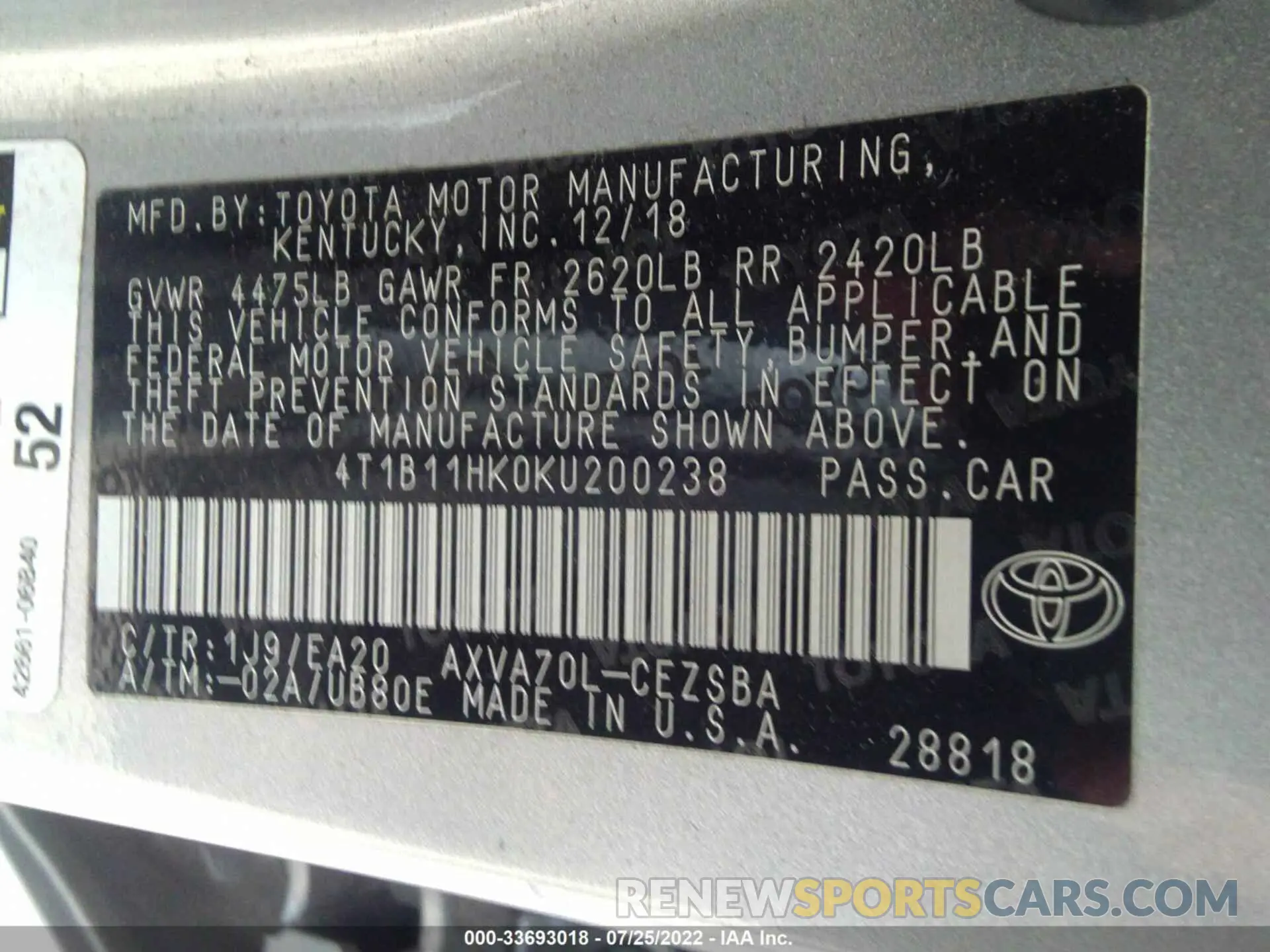 9 fotografías del automóvil dañado 4T1B11HK0KU200238 TOYOTA CAMRY 2019