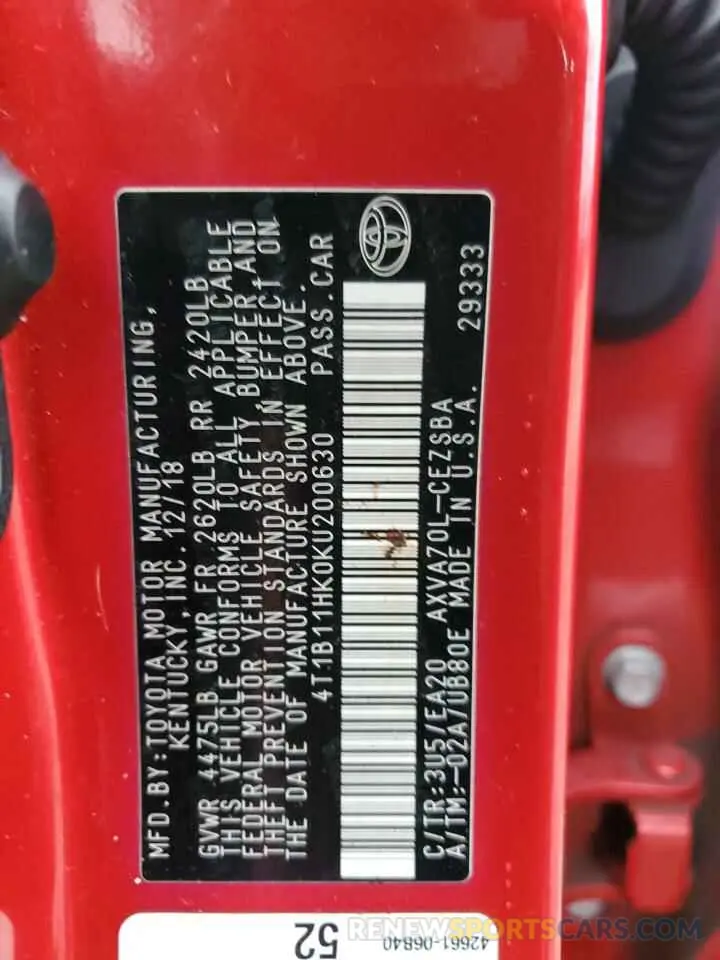 12 fotografías del automóvil dañado 4T1B11HK0KU200630 TOYOTA CAMRY 2019