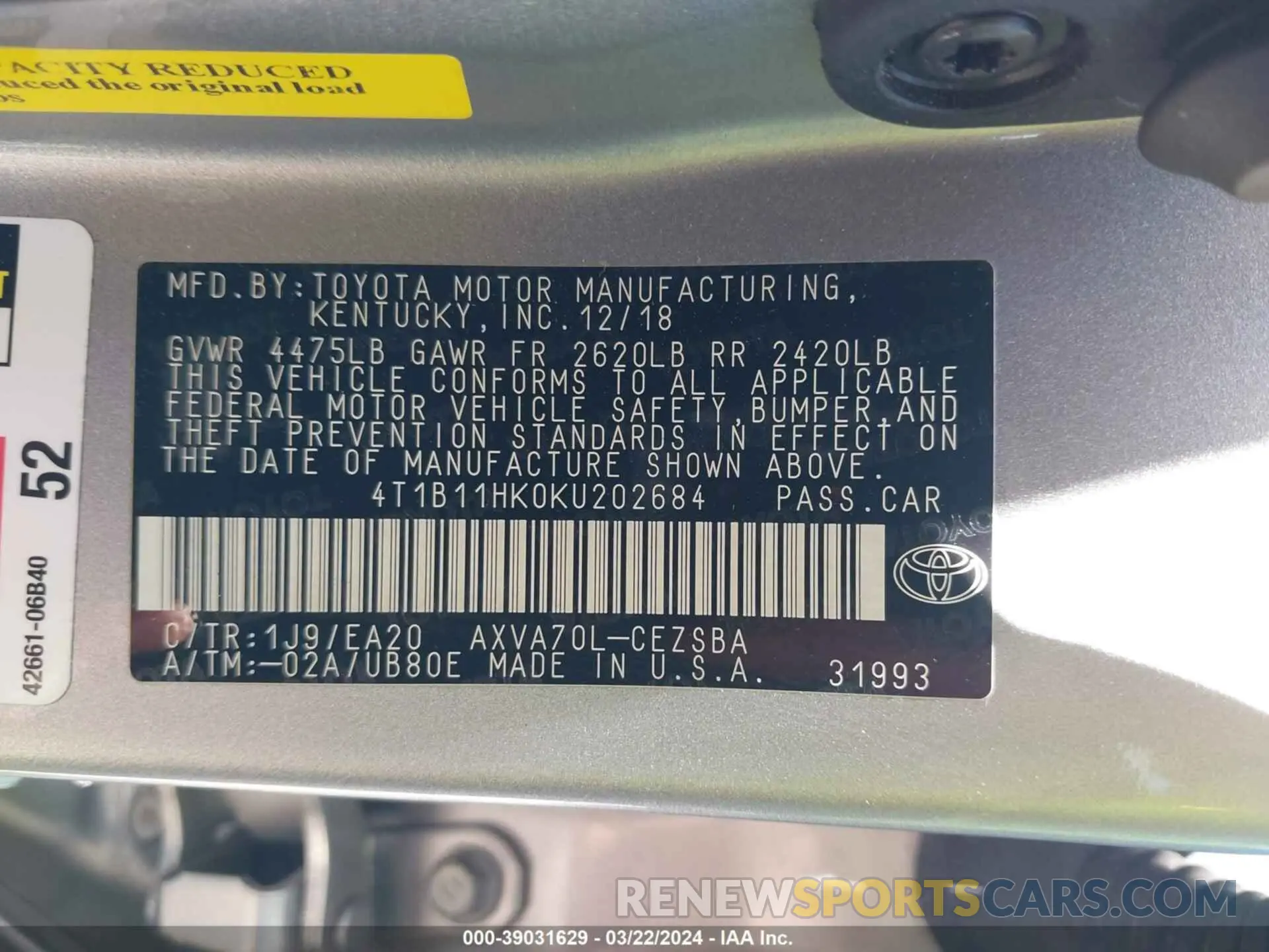 9 fotografías del automóvil dañado 4T1B11HK0KU202684 TOYOTA CAMRY 2019