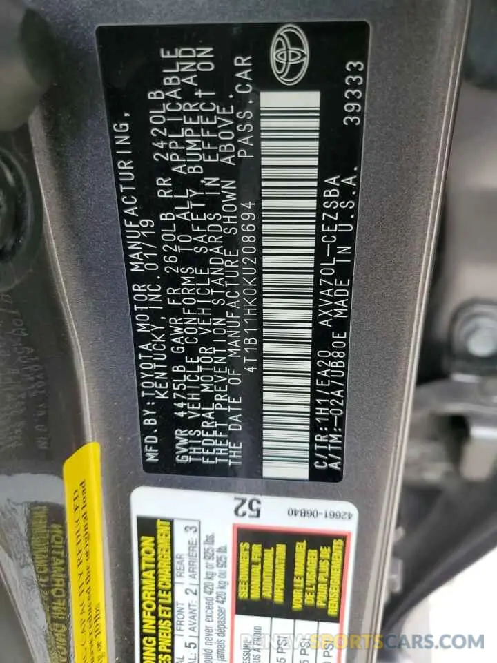12 fotografías del automóvil dañado 4T1B11HK0KU208694 TOYOTA CAMRY 2019
