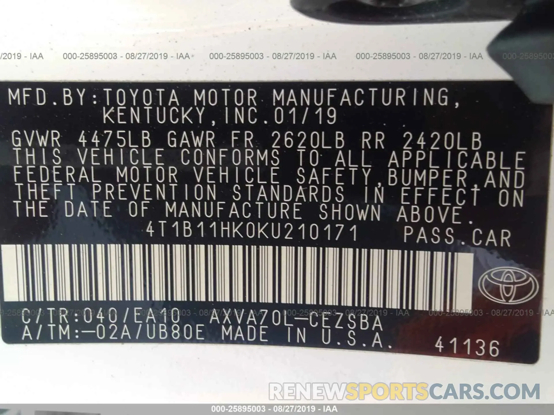 9 fotografías del automóvil dañado 4T1B11HK0KU210171 TOYOTA CAMRY 2019