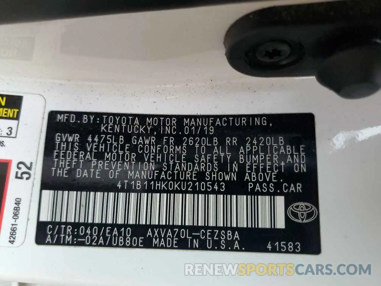 12 fotografías del automóvil dañado 4T1B11HK0KU210543 TOYOTA CAMRY 2019