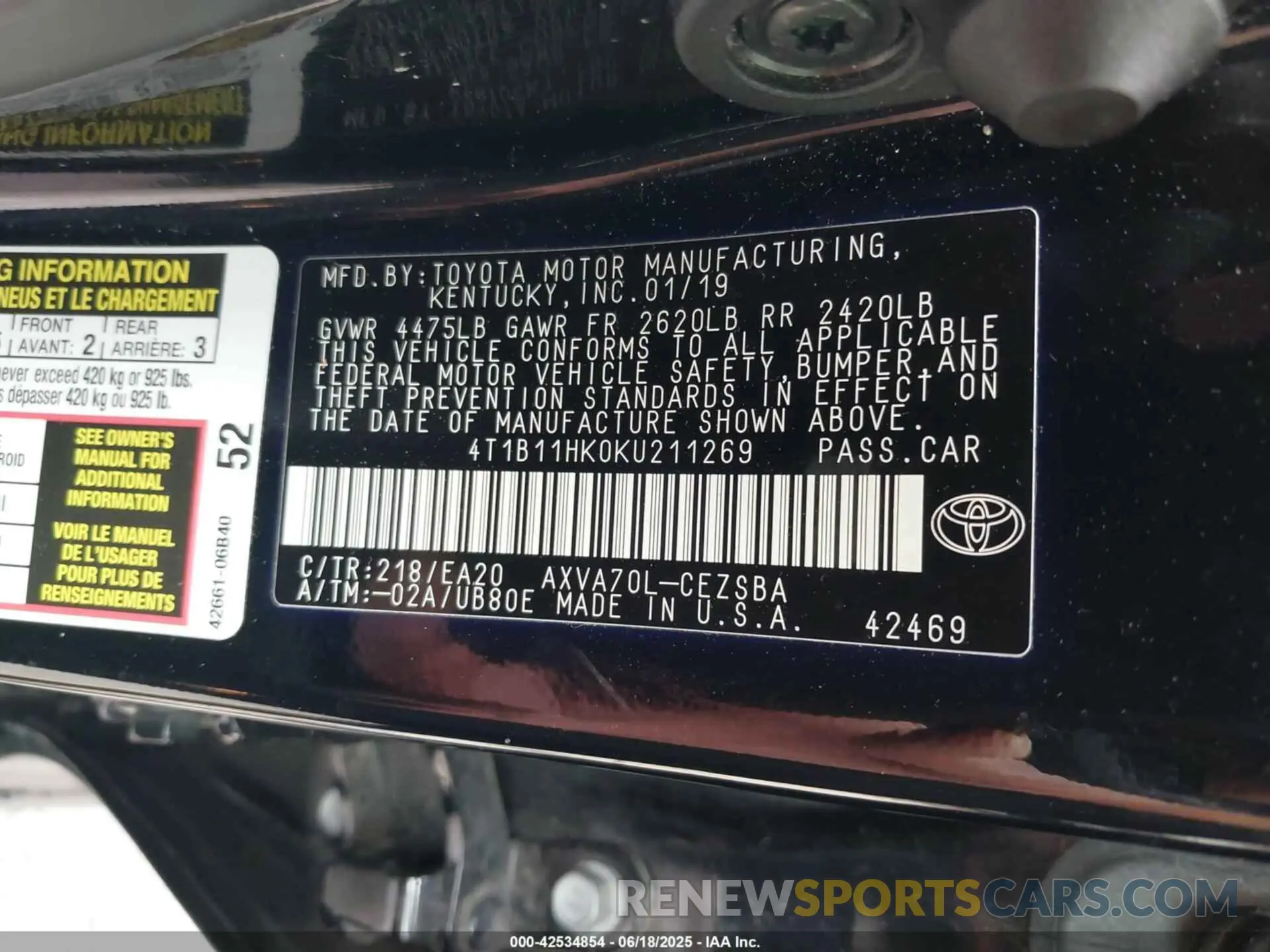 9 fotografías del automóvil dañado 4T1B11HK0KU211269 TOYOTA CAMRY 2019