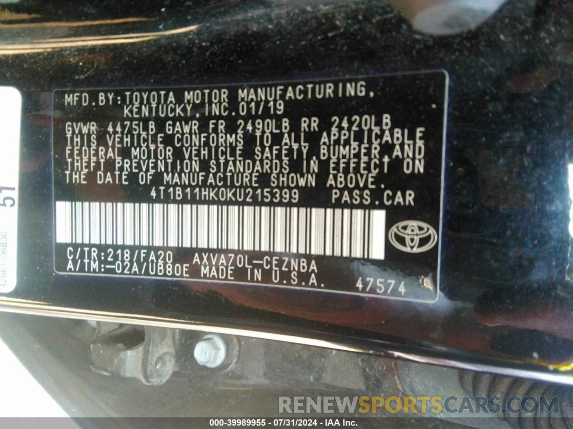 9 fotografías del automóvil dañado 4T1B11HK0KU215399 TOYOTA CAMRY 2019