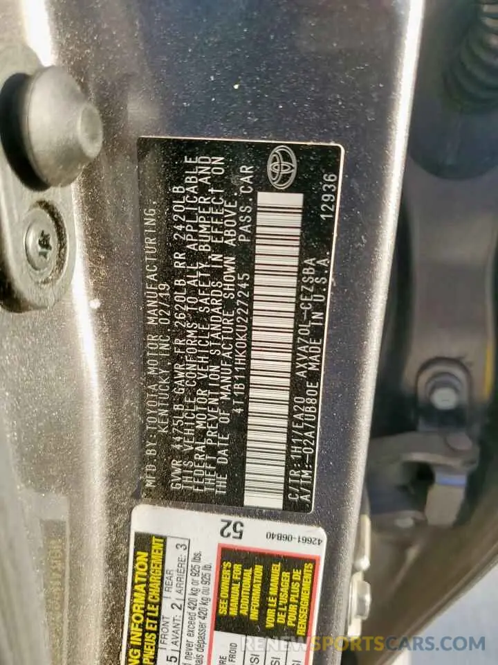 12 fotografías del automóvil dañado 4T1B11HK0KU227245 TOYOTA CAMRY 2019