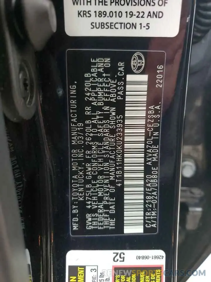 12 fotografías del automóvil dañado 4T1B11HK0KU233935 TOYOTA CAMRY 2019