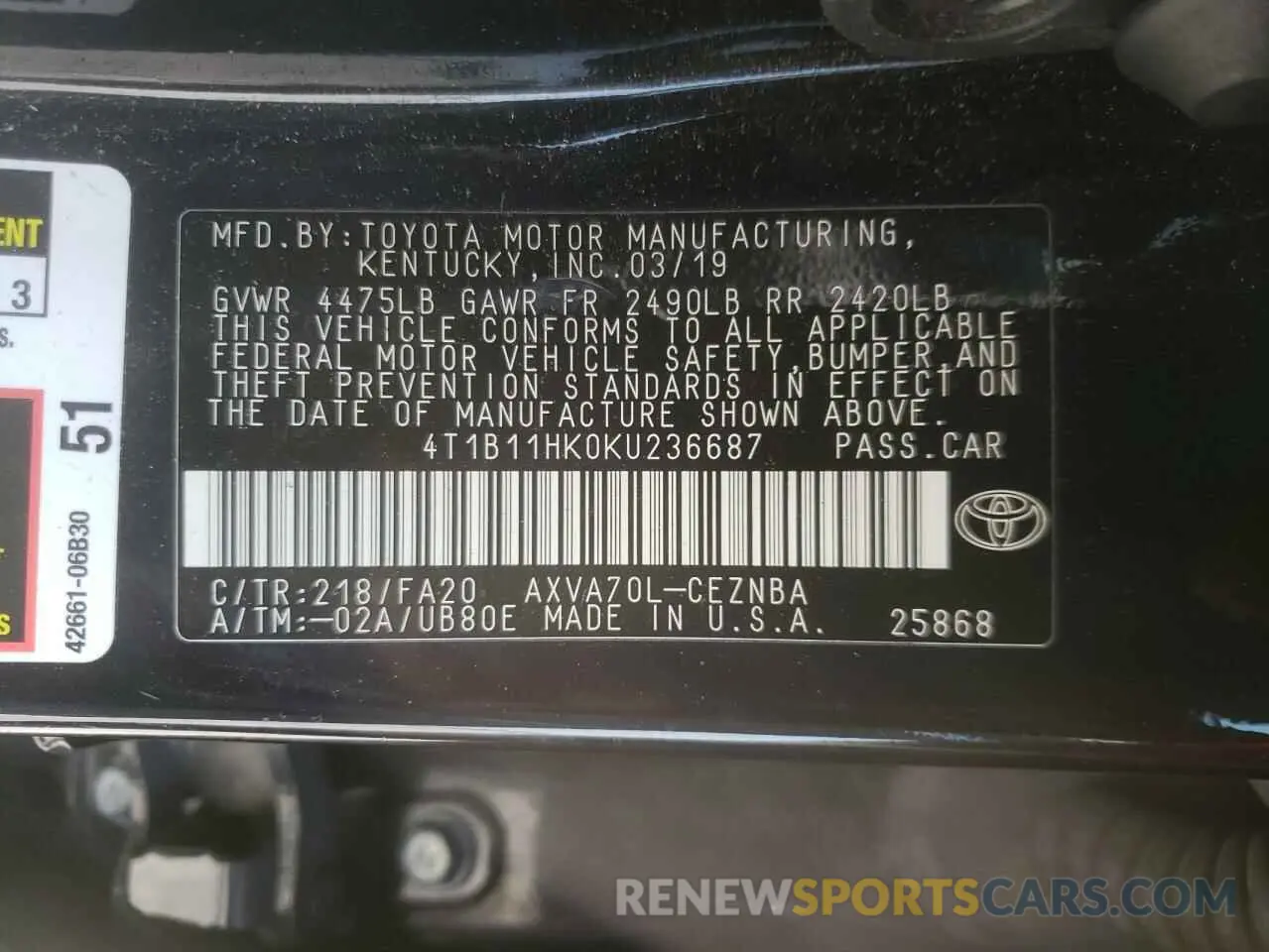 10 fotografías del automóvil dañado 4T1B11HK0KU236687 TOYOTA CAMRY 2019