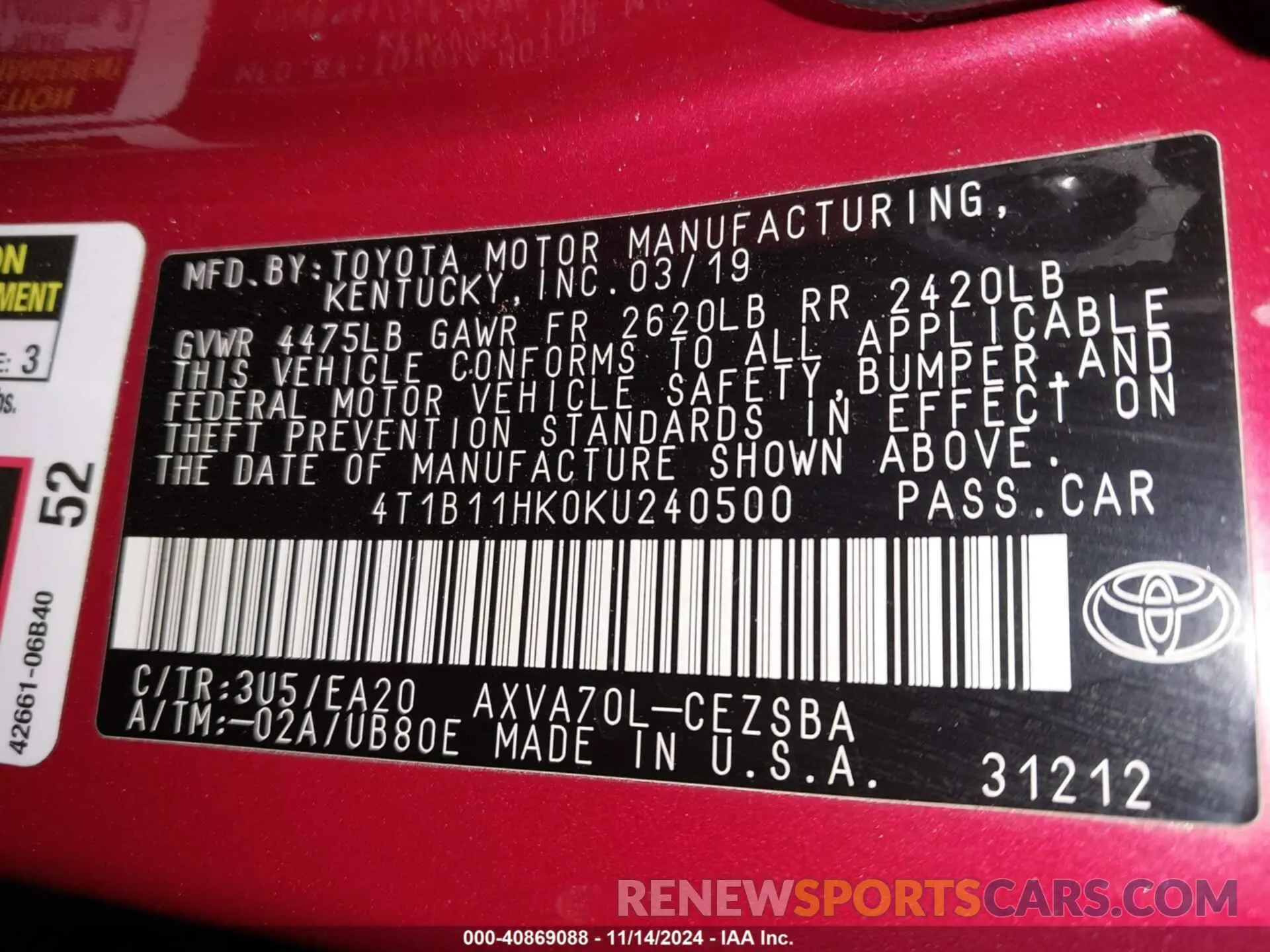 9 fotografías del automóvil dañado 4T1B11HK0KU240500 TOYOTA CAMRY 2019