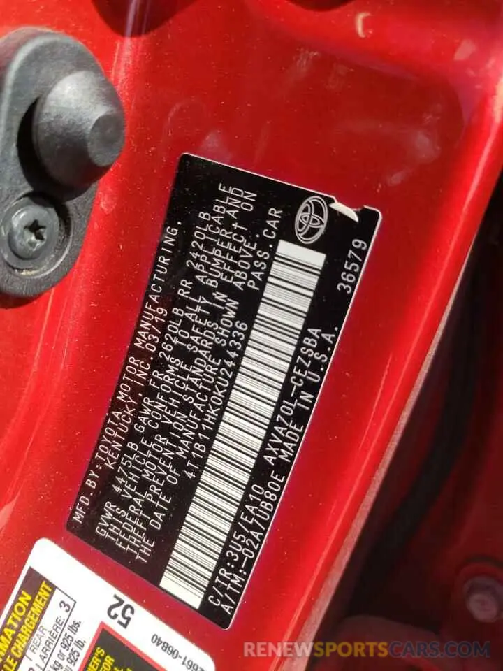 13 fotografías del automóvil dañado 4T1B11HK0KU244336 TOYOTA CAMRY 2019