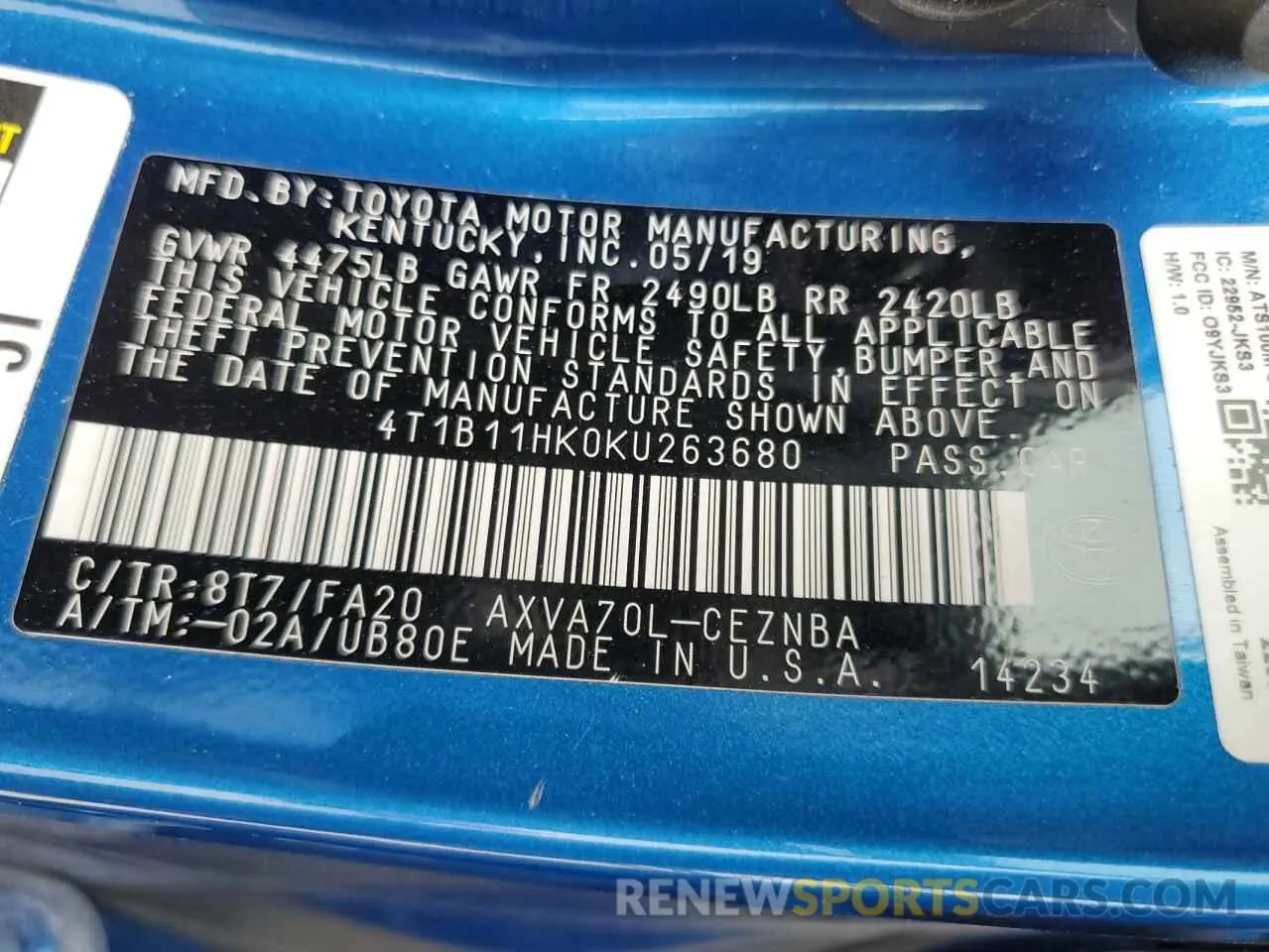 13 fotografías del automóvil dañado 4T1B11HK0KU263680 TOYOTA CAMRY 2019