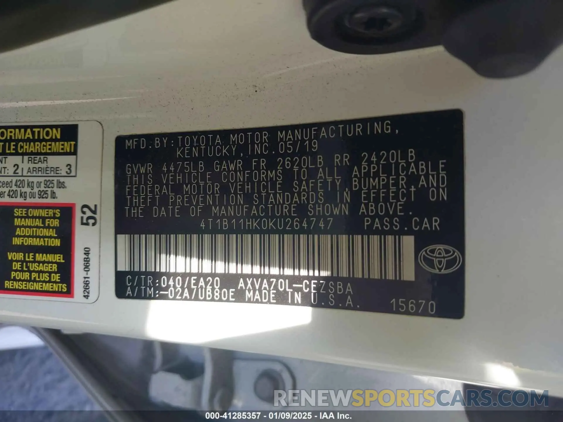 9 fotografías del automóvil dañado 4T1B11HK0KU264747 TOYOTA CAMRY 2019