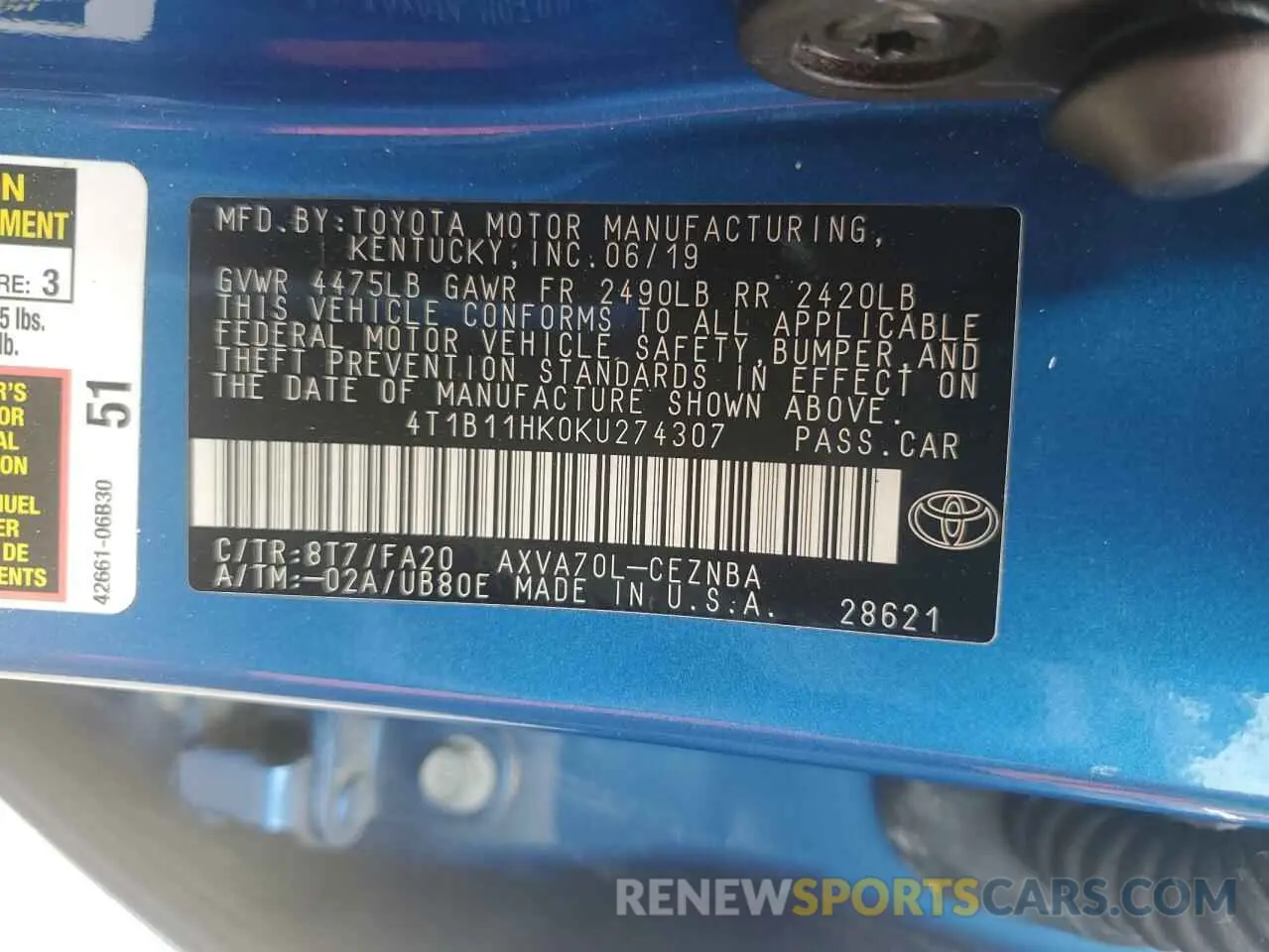 12 fotografías del automóvil dañado 4T1B11HK0KU274307 TOYOTA CAMRY 2019