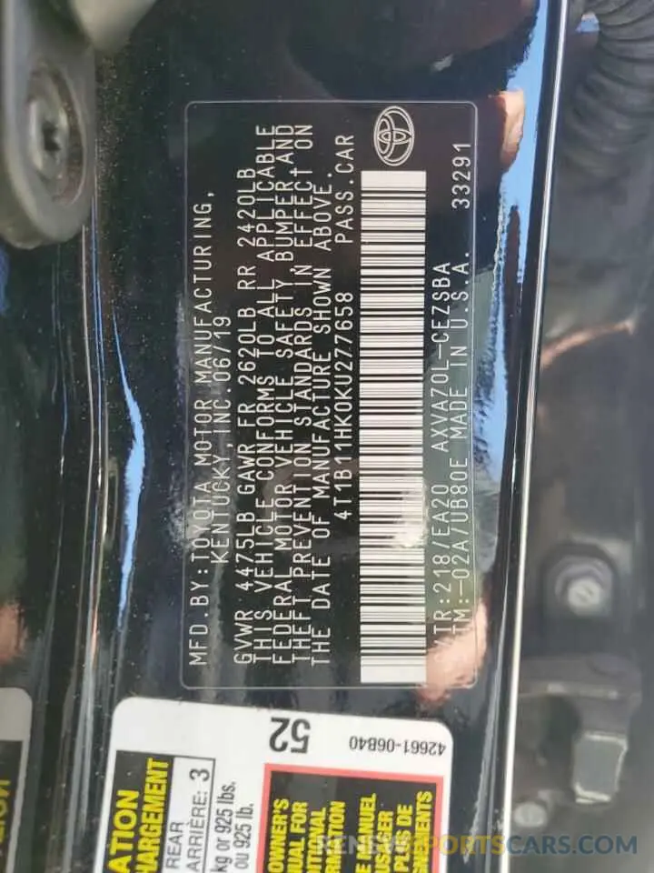 13 fotografías del automóvil dañado 4T1B11HK0KU277658 TOYOTA CAMRY 2019