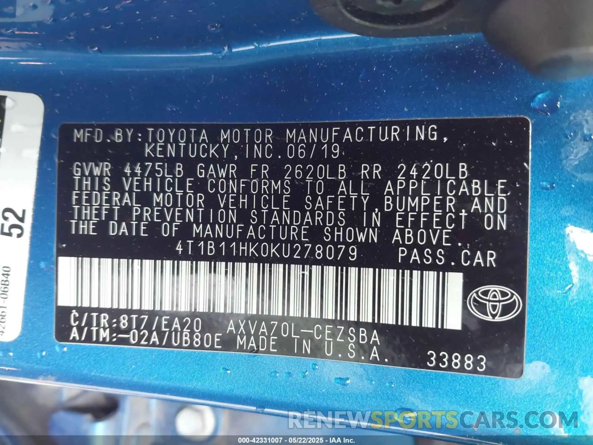 9 fotografías del automóvil dañado 4T1B11HK0KU278079 TOYOTA CAMRY 2019