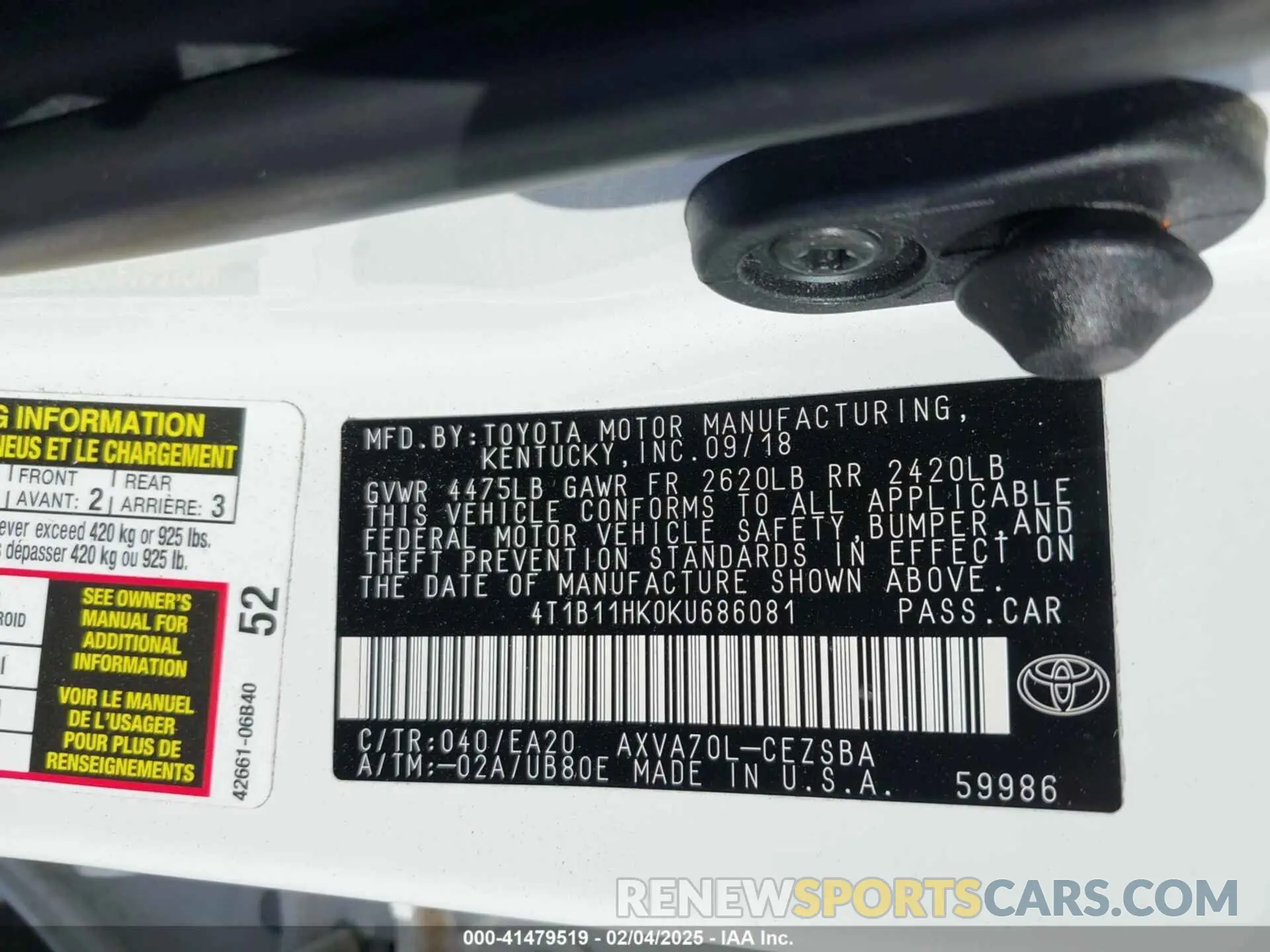 9 fotografías del automóvil dañado 4T1B11HK0KU686081 TOYOTA CAMRY 2019