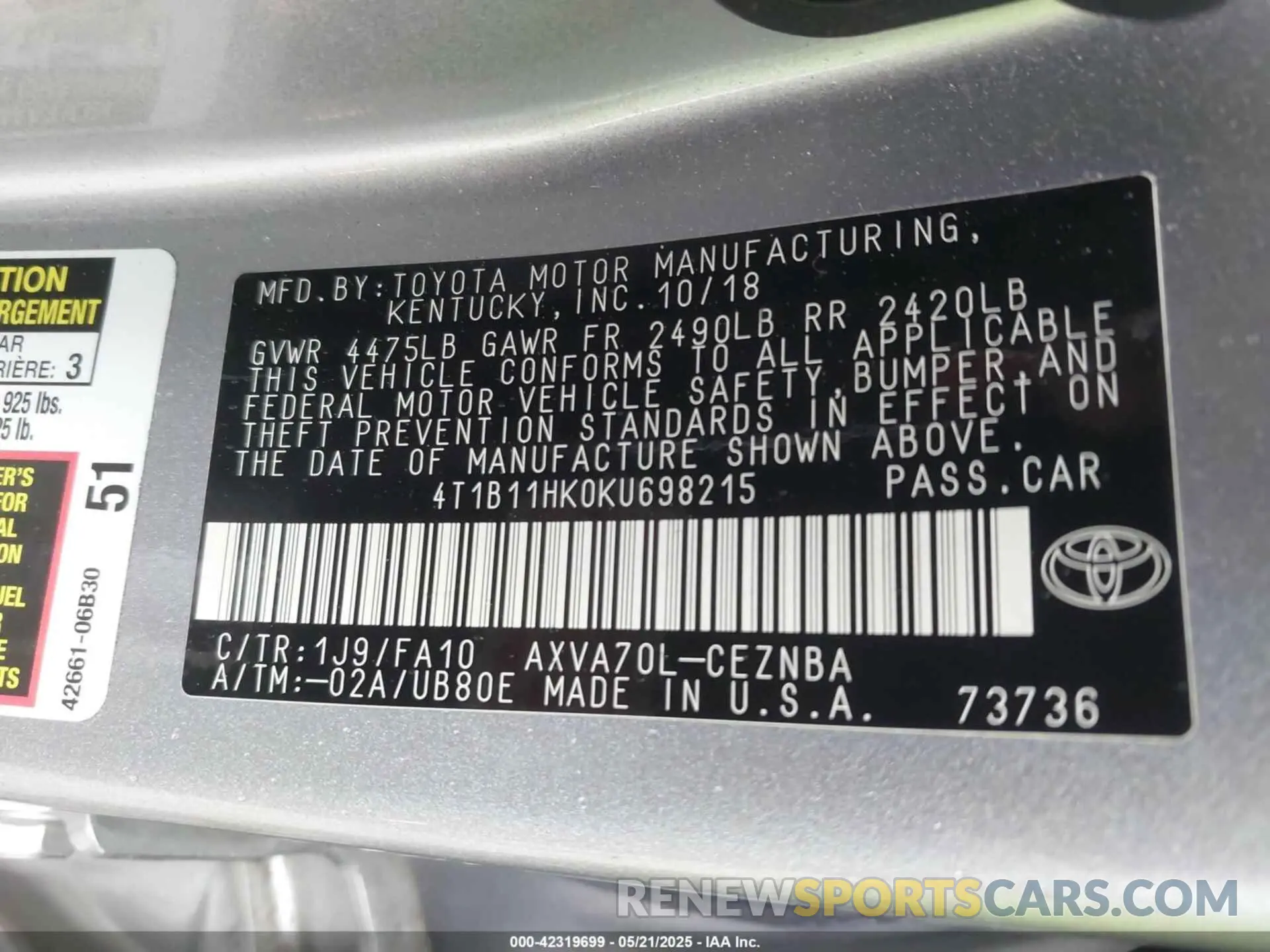 9 fotografías del automóvil dañado 4T1B11HK0KU698215 TOYOTA CAMRY 2019