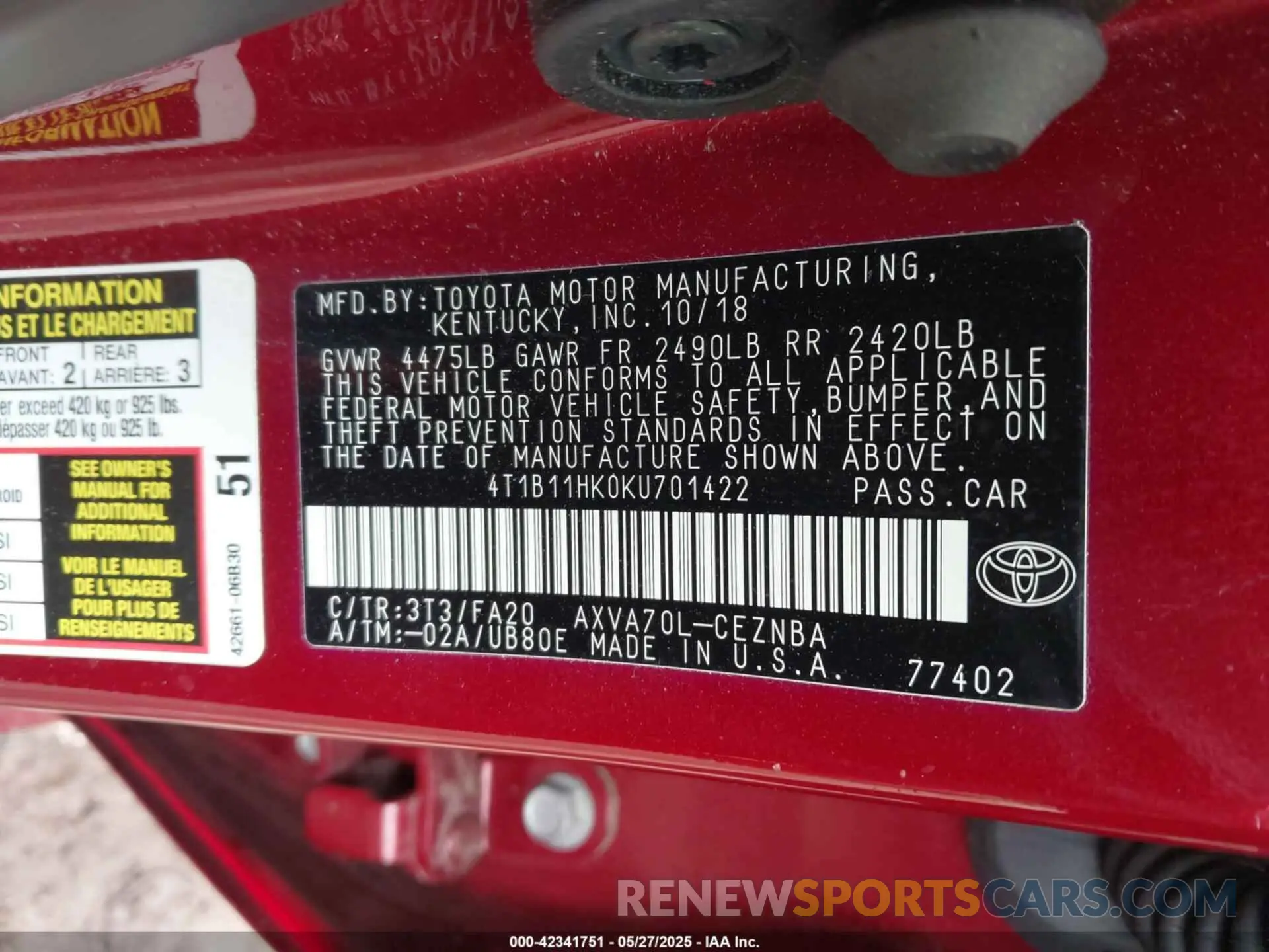 9 fotografías del automóvil dañado 4T1B11HK0KU701422 TOYOTA CAMRY 2019
