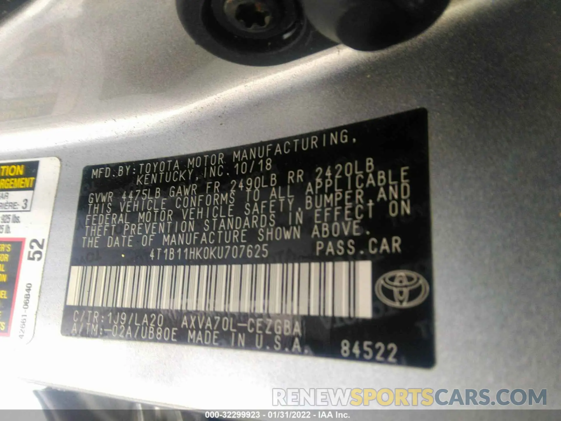 9 fotografías del automóvil dañado 4T1B11HK0KU707625 TOYOTA CAMRY 2019