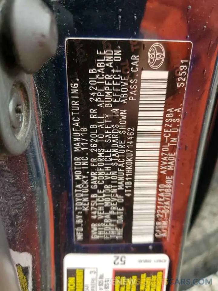 13 fotografías del automóvil dañado 4T1B11HK0KU714462 TOYOTA CAMRY 2019