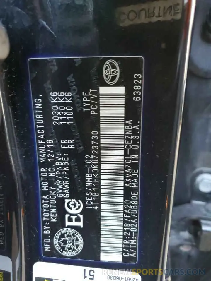 12 fotografías del automóvil dañado 4T1B11HK0KU723730 TOYOTA CAMRY 2019