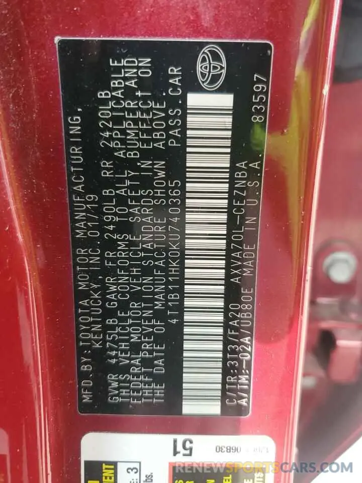 12 fotografías del automóvil dañado 4T1B11HK0KU740365 TOYOTA CAMRY 2019