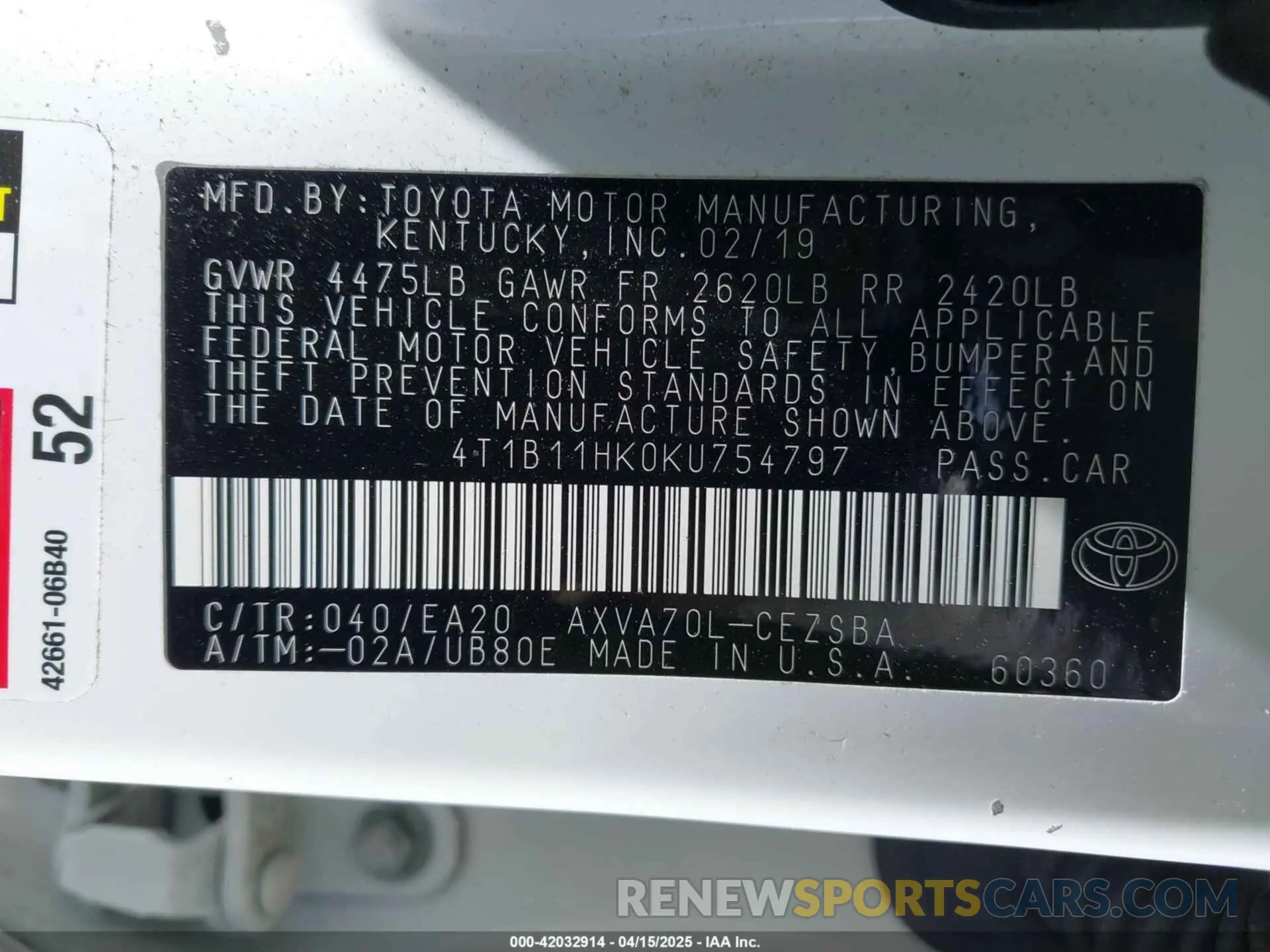 9 fotografías del automóvil dañado 4T1B11HK0KU754797 TOYOTA CAMRY 2019