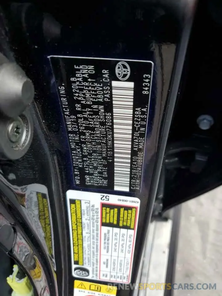 13 fotografías del automóvil dañado 4T1B11HK0KU776086 TOYOTA CAMRY 2019