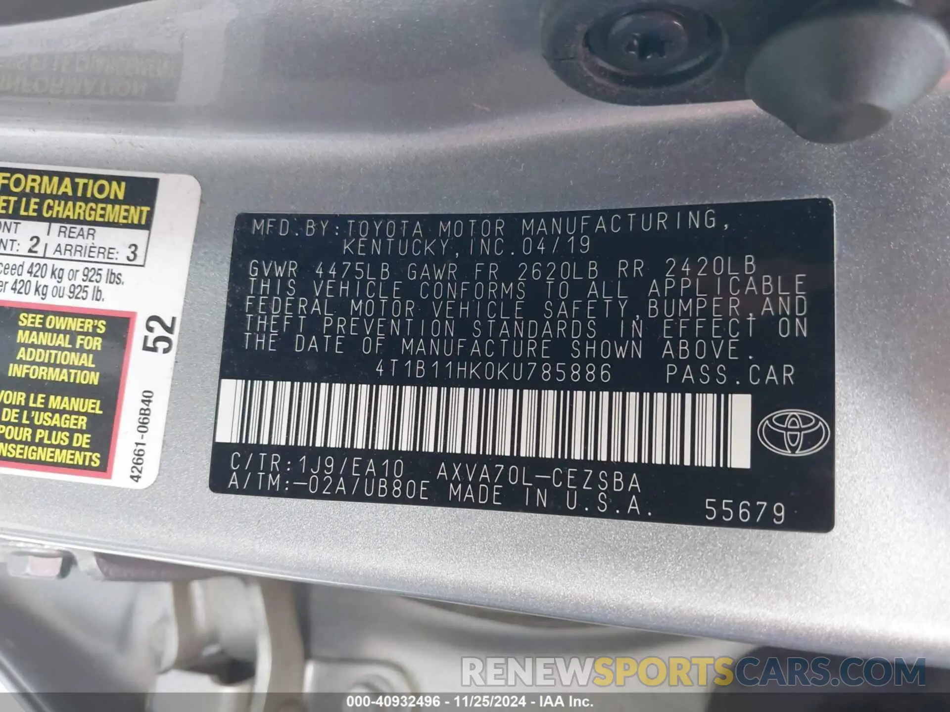 9 fotografías del automóvil dañado 4T1B11HK0KU785886 TOYOTA CAMRY 2019