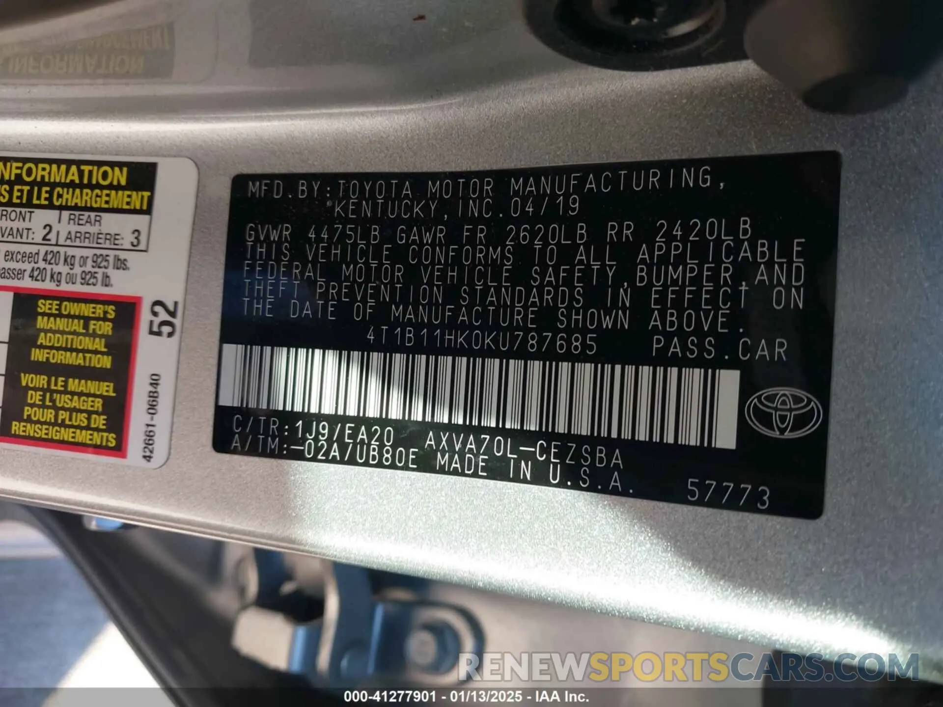 9 fotografías del automóvil dañado 4T1B11HK0KU787685 TOYOTA CAMRY 2019