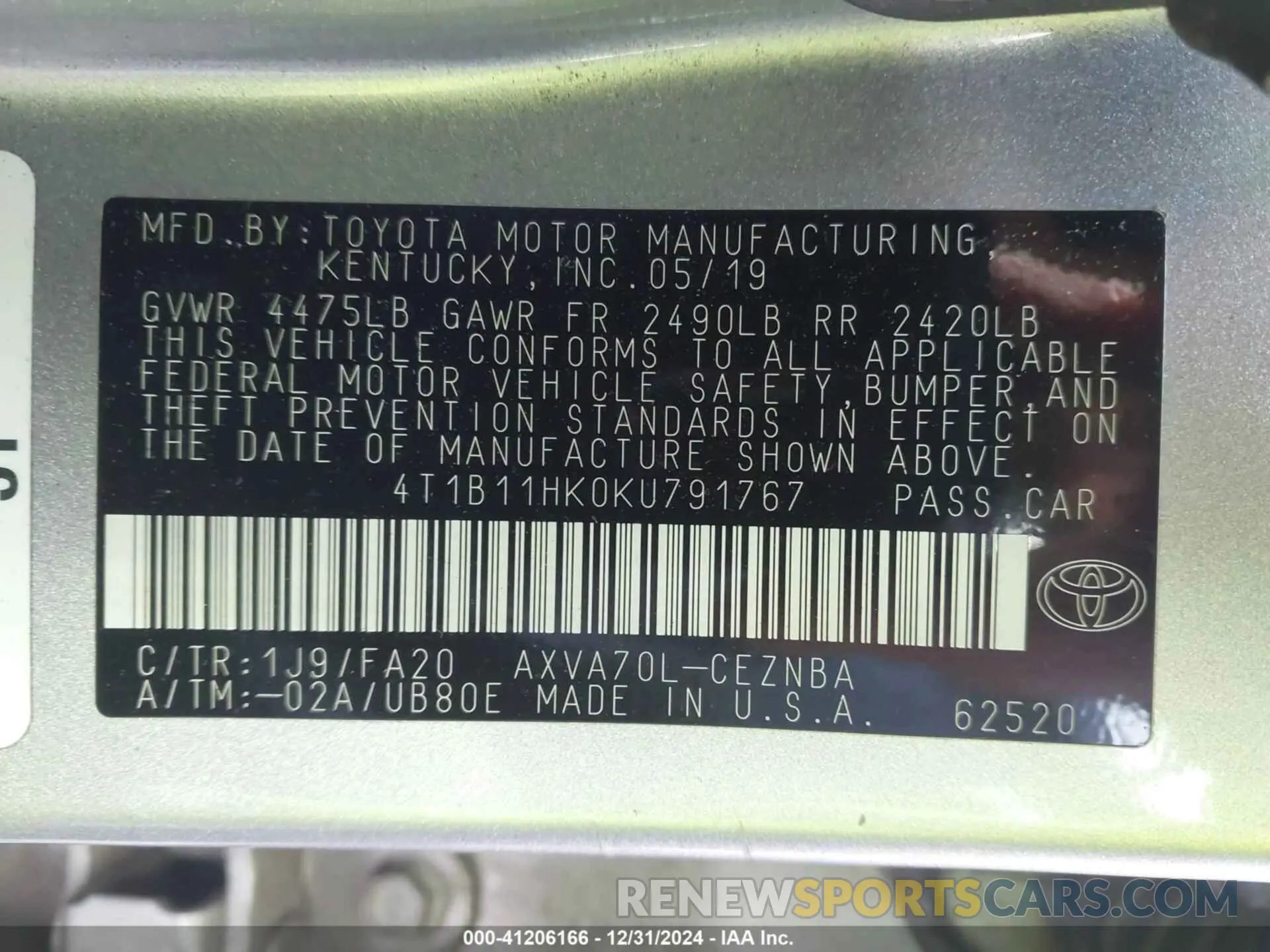 9 fotografías del automóvil dañado 4T1B11HK0KU791767 TOYOTA CAMRY 2019