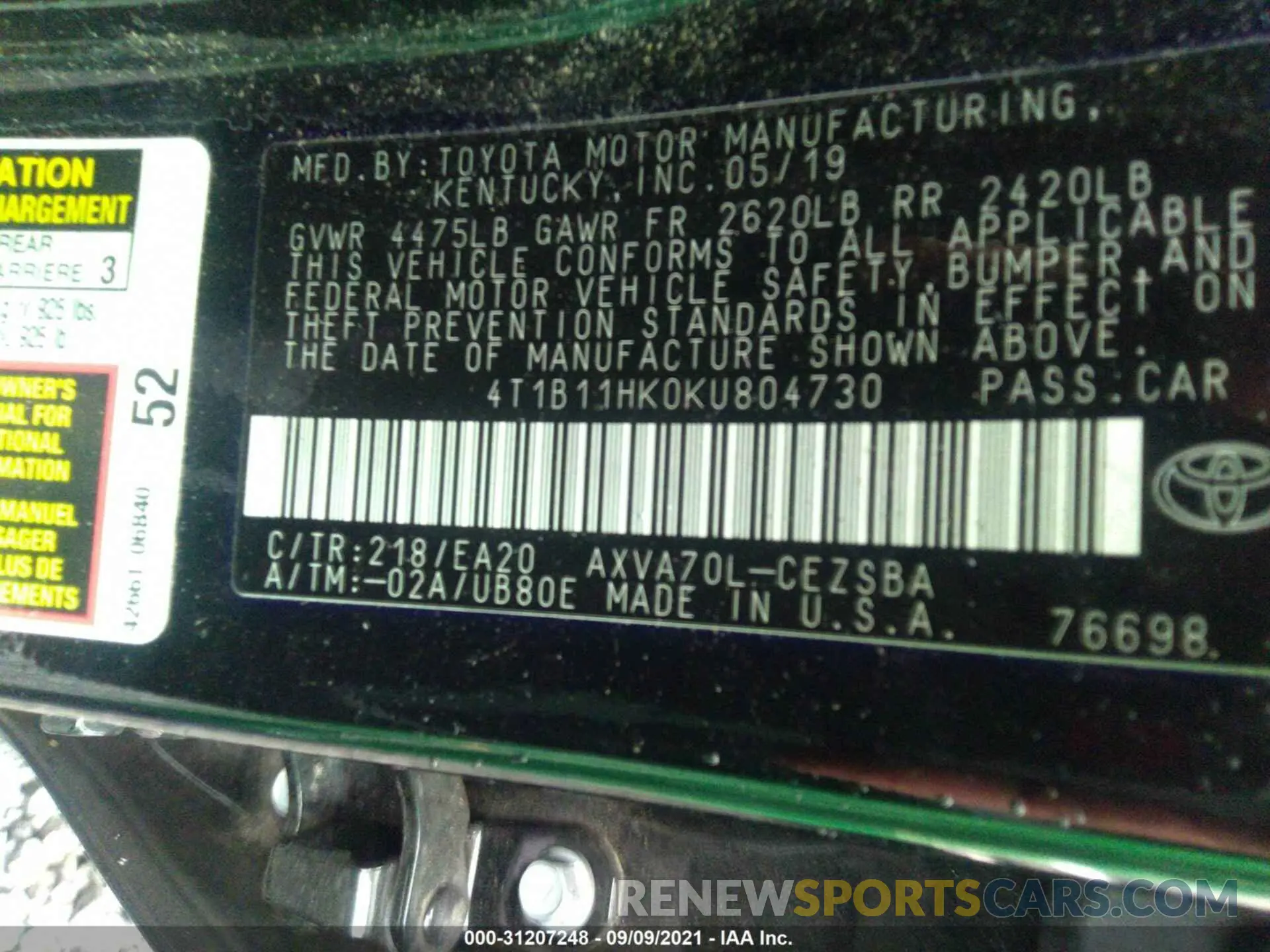 9 fotografías del automóvil dañado 4T1B11HK0KU804730 TOYOTA CAMRY 2019