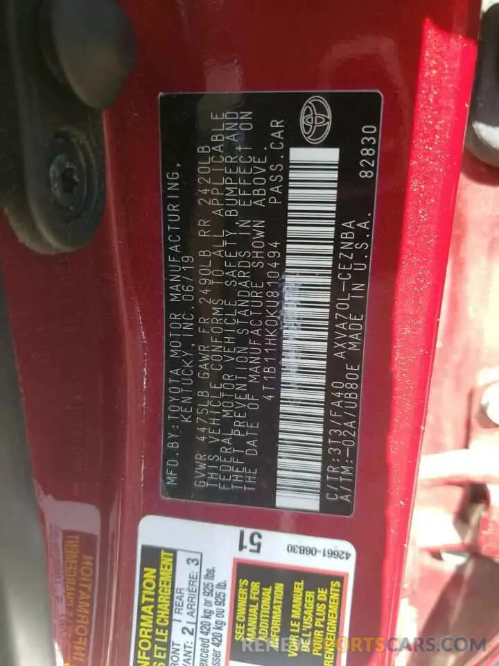 12 fotografías del automóvil dañado 4T1B11HK0KU810494 TOYOTA CAMRY 2019