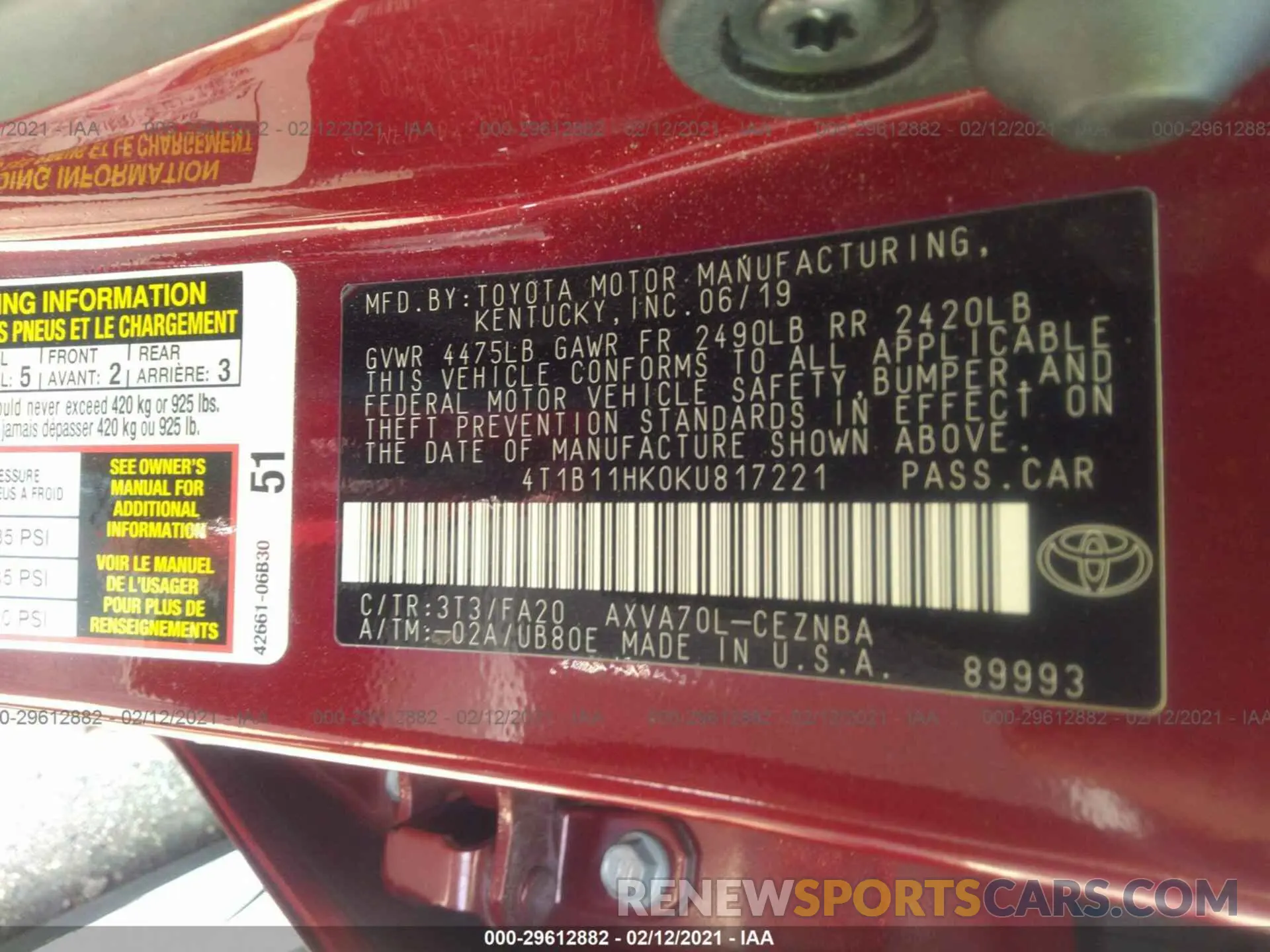 9 fotografías del automóvil dañado 4T1B11HK0KU817221 TOYOTA CAMRY 2019