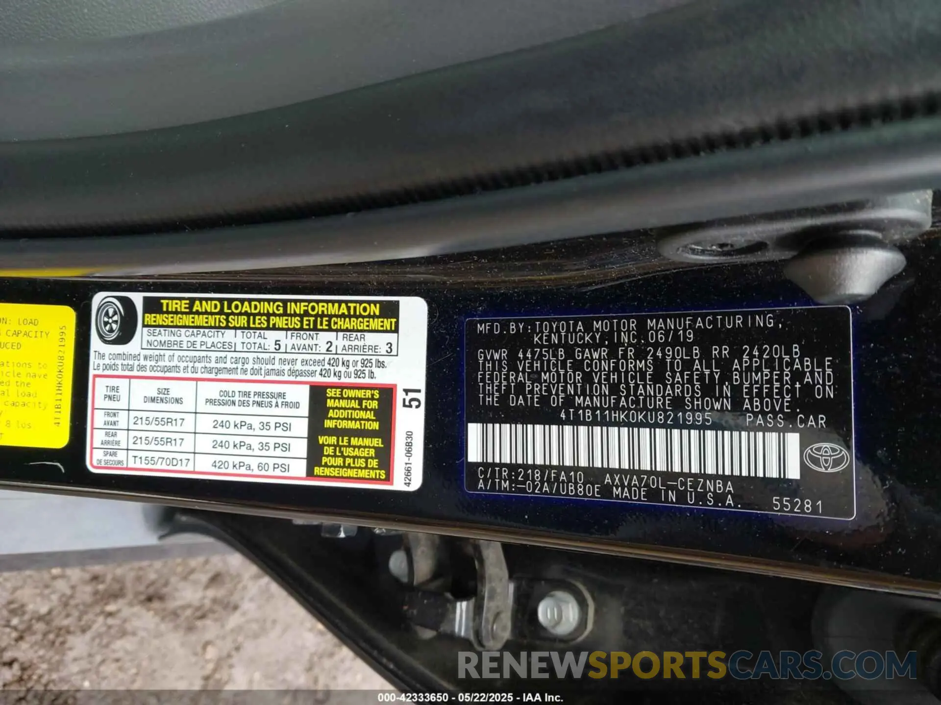 9 fotografías del automóvil dañado 4T1B11HK0KU821995 TOYOTA CAMRY 2019