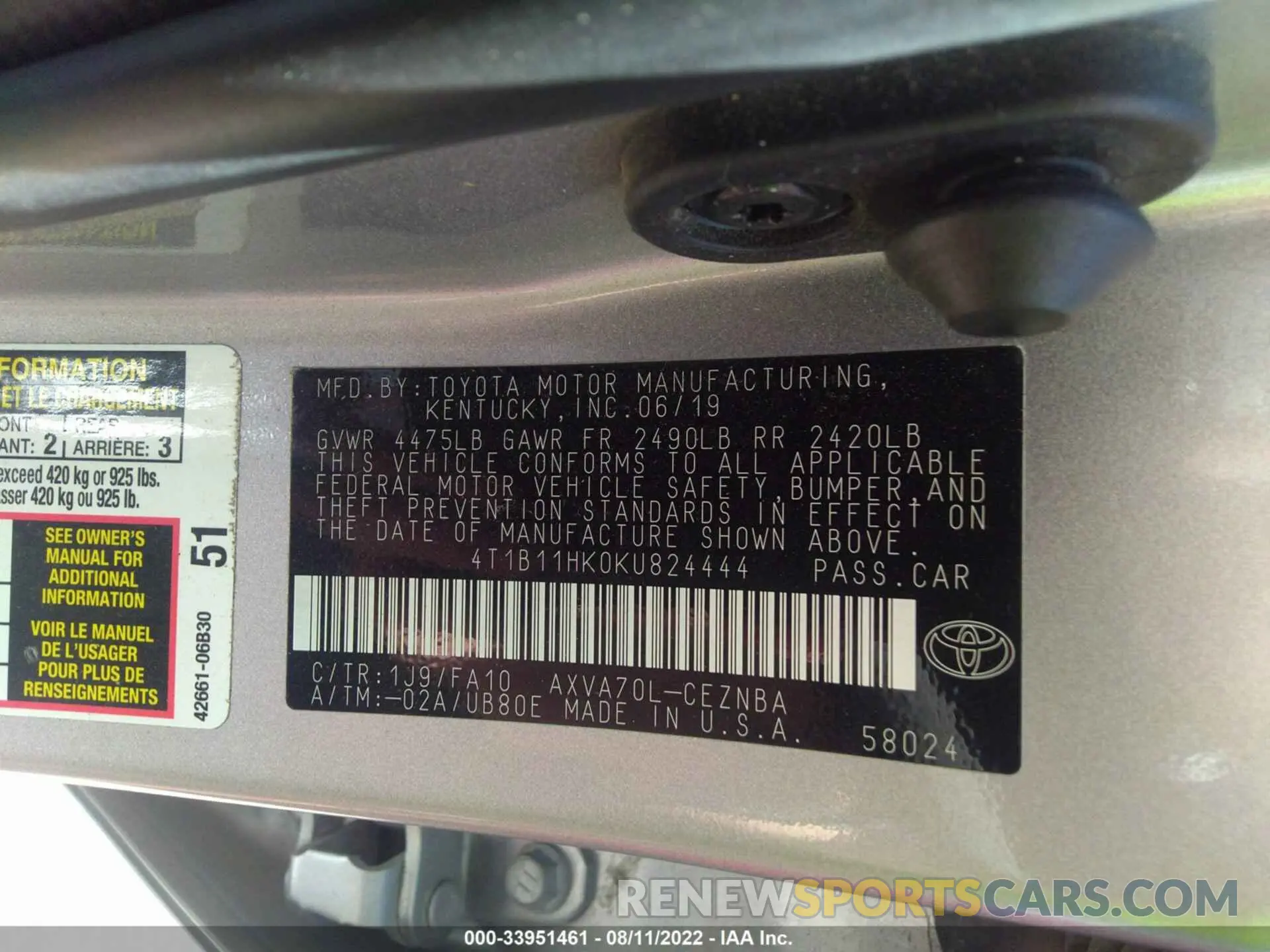9 fotografías del automóvil dañado 4T1B11HK0KU824444 TOYOTA CAMRY 2019